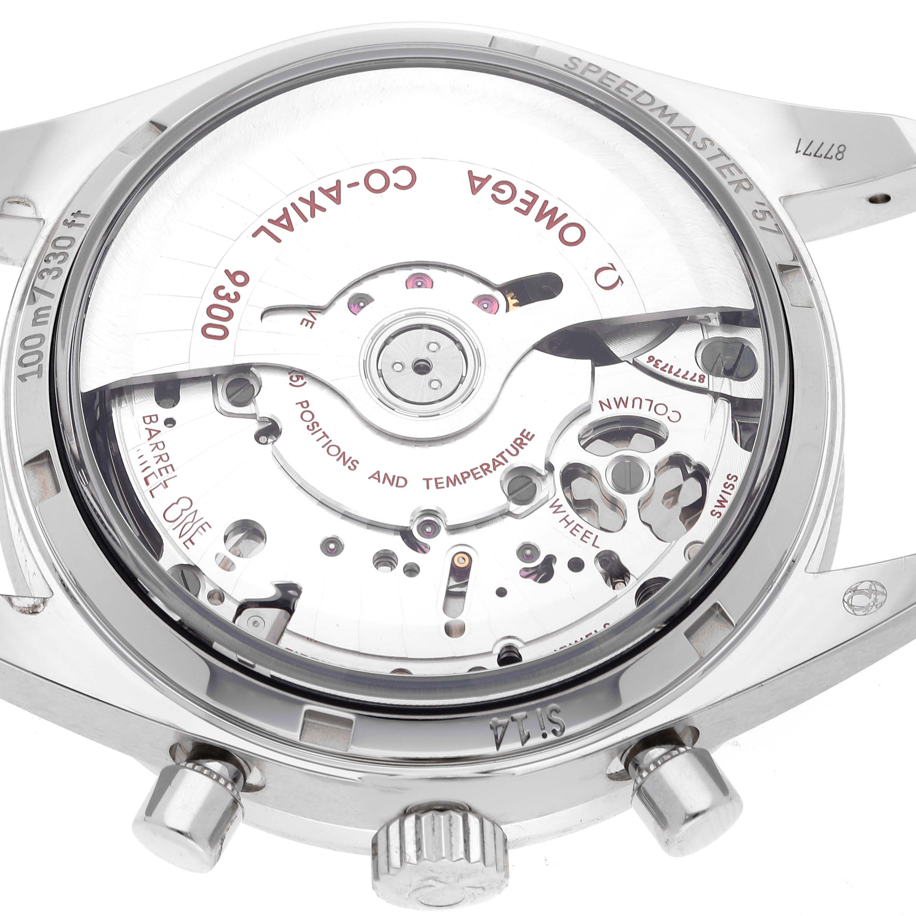 The image shows the back view of an Omega Speedmaster 331.10.42.51.02.002 Men
s Stainless Steel Silver Dial 331.10.42.51.02.002 Men
s Stainless Steel Silver Dial watch, highlighting its internal mechanical movement.