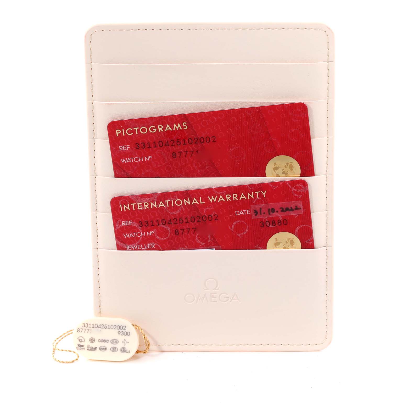 The image shows warranty cards and associated documentation for an Omega Speedmaster 331.10.42.51.02.002 Men
s Stainless Steel Silver Dial 331.10.42.51.02.002 Men
s Stainless Steel Silver Dial model.