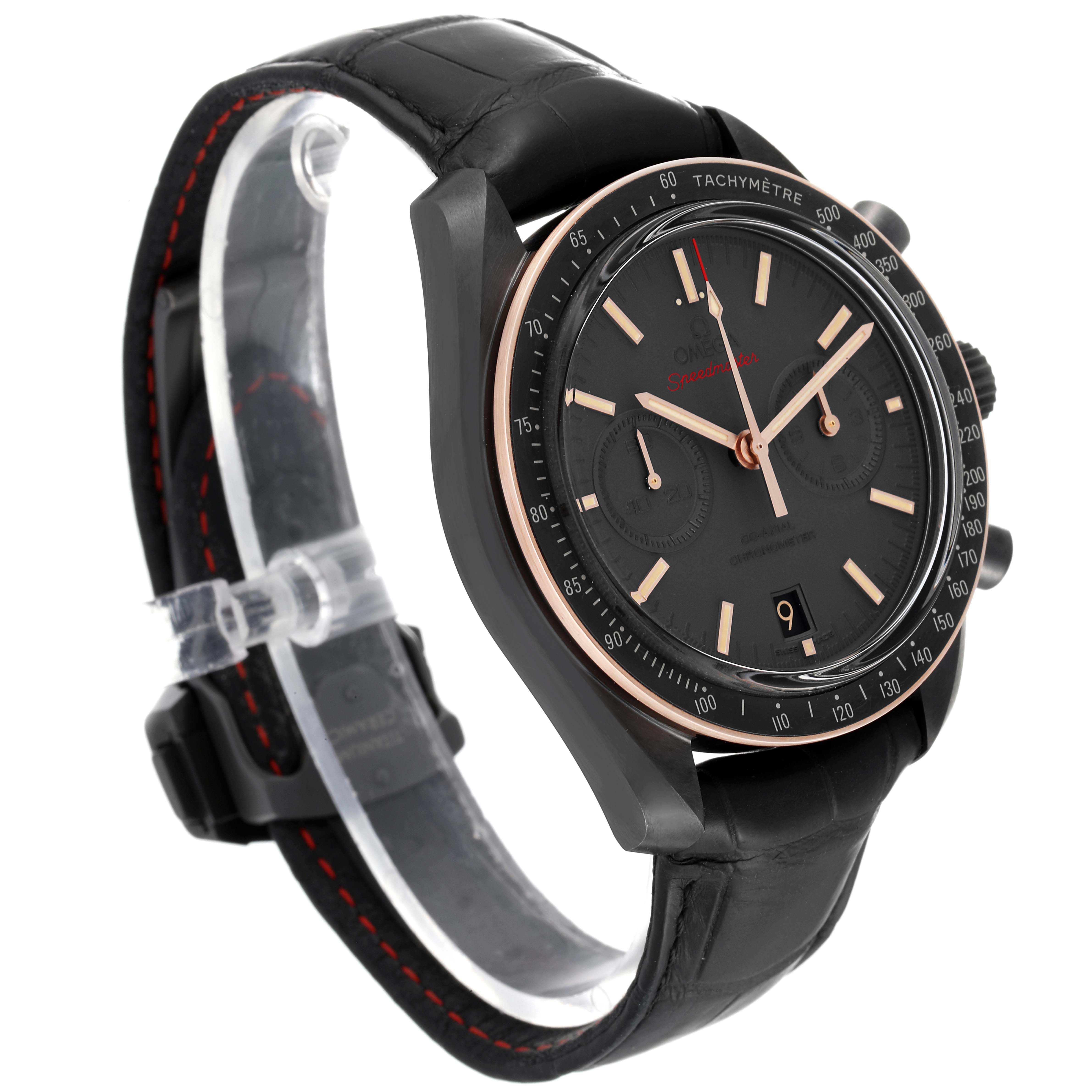 This image shows a side angle of an Omega Speedmaster 311.63.44.51.06.001 Men's Ceramic Grey Dial 311.63.44.51.06.001 Men's Ceramic Grey Dial watch, highlighting its black dial, tachymeter bezel, and black leather strap.