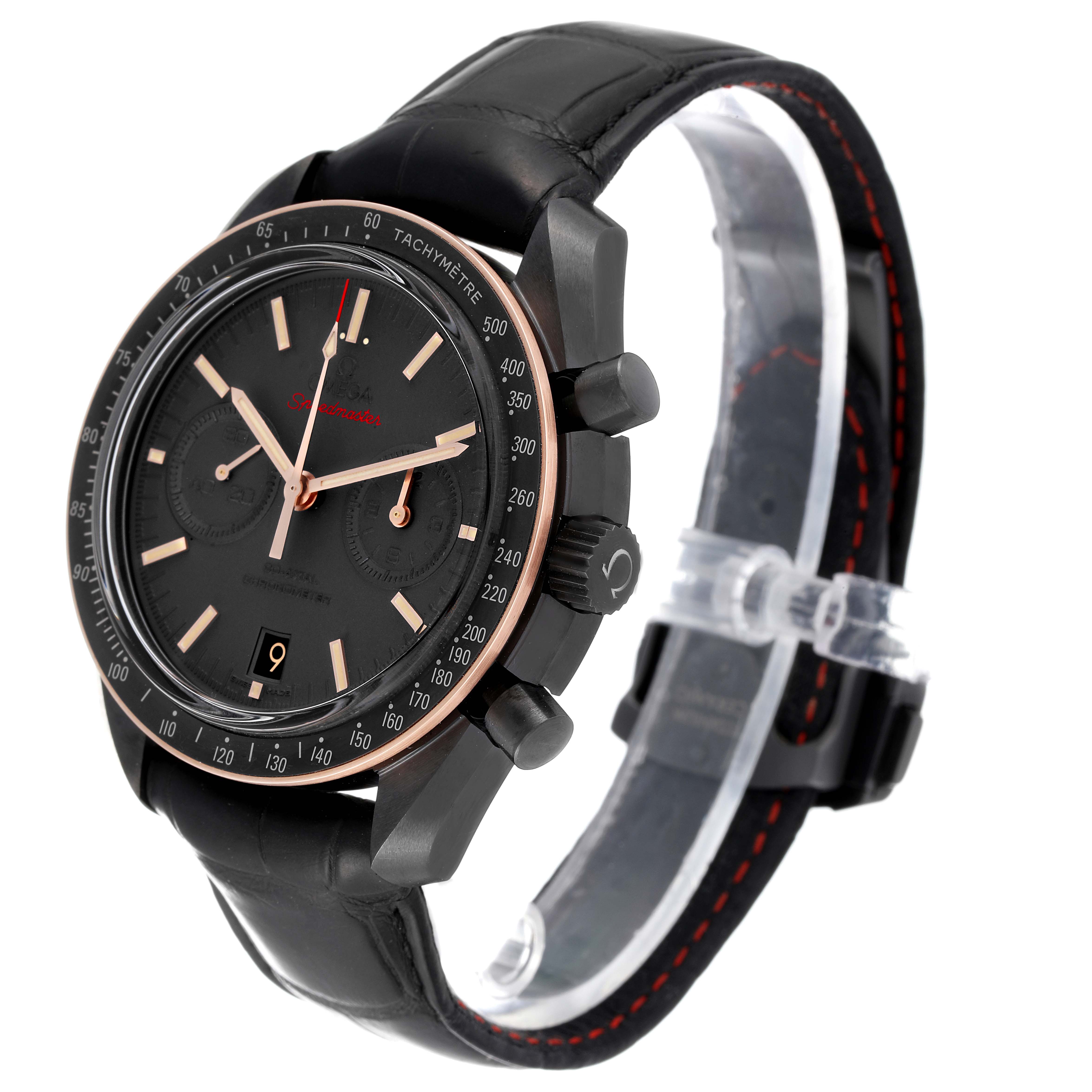 The Omega Speedmaster 311.63.44.51.06.001 Men's Ceramic Grey Dial 311.63.44.51.06.001 Men's Ceramic Grey Dial watch is shown at an angle highlighting the face, bezel, pushers, crown, and leather strap.