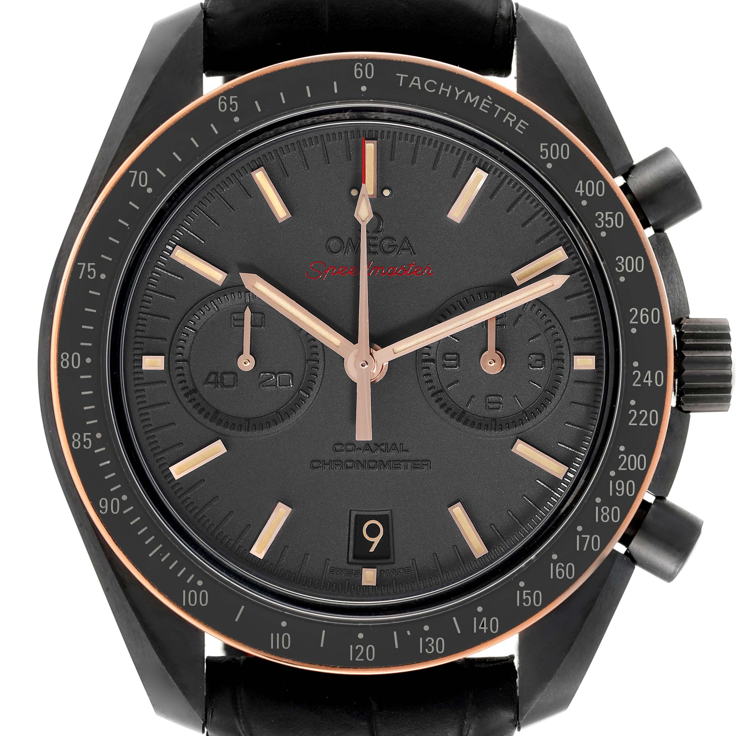 The image shows a front view of the Omega Speedmaster 311.63.44.51.06.001 Men's Ceramic Grey Dial 311.63.44.51.06.001 Men's Ceramic Grey Dial watch, highlighting the dial, hands, subdials, and tachymeter bezel.