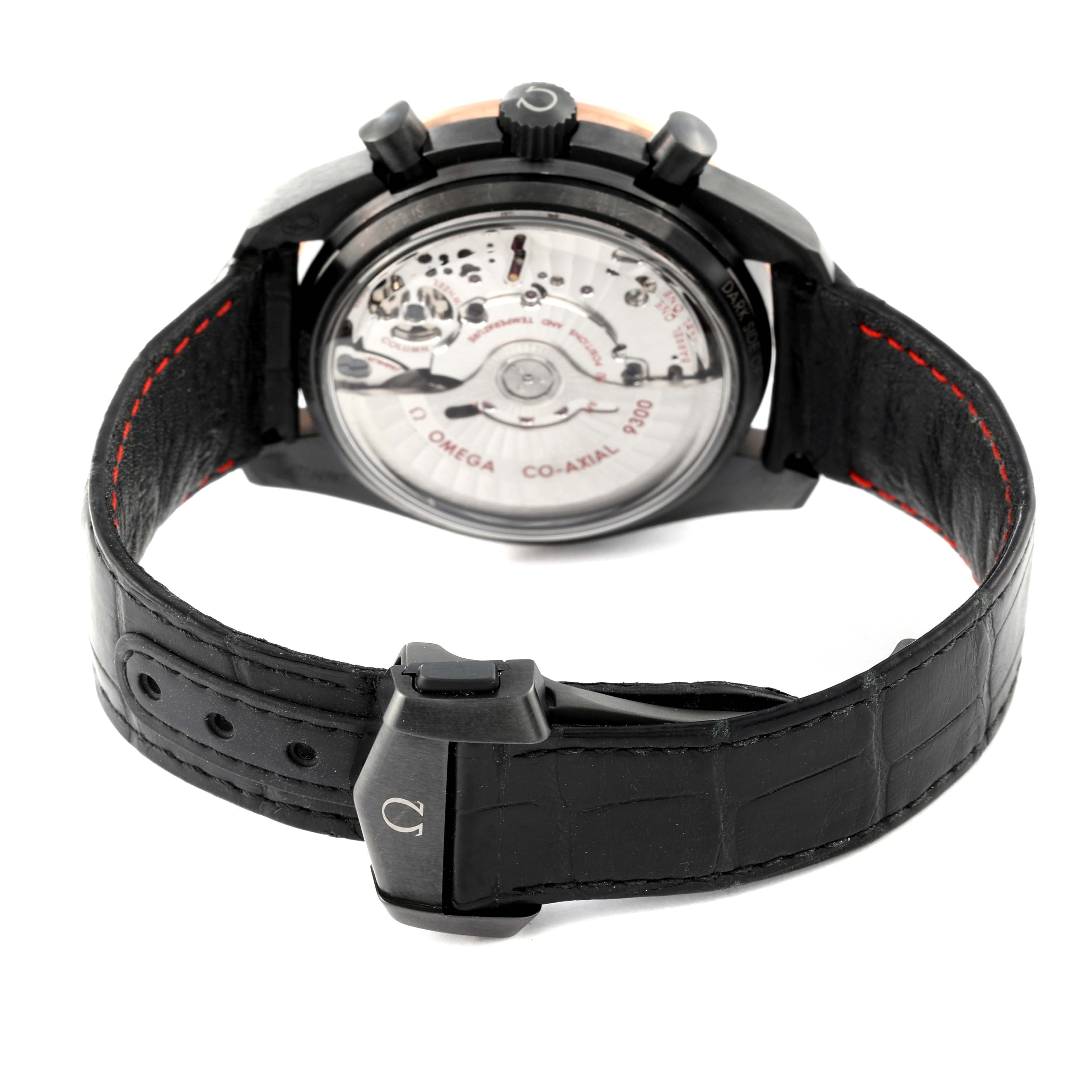 This image shows the back view of an Omega Speedmaster 311.63.44.51.06.001 Men's Ceramic Grey Dial 311.63.44.51.06.001 Men's Ceramic Grey Dial watch, displaying the co-axial mechanism and black leather strap.