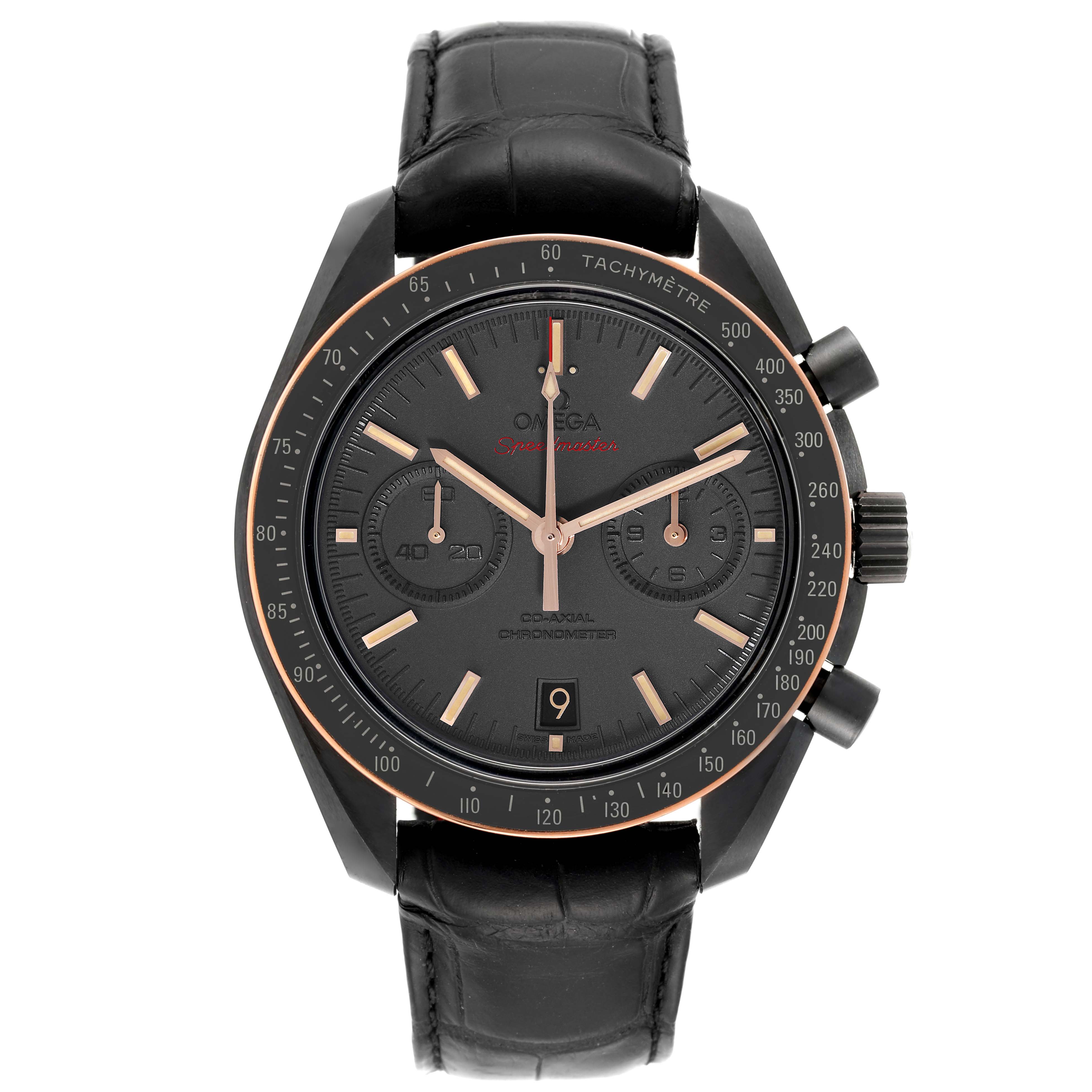 This Omega Speedmaster 311.63.44.51.06.001 Men's Ceramic Grey Dial 311.63.44.51.06.001 Men's Ceramic Grey Dial model is shown from a front angle, highlighting its dial, case, and leather strap.