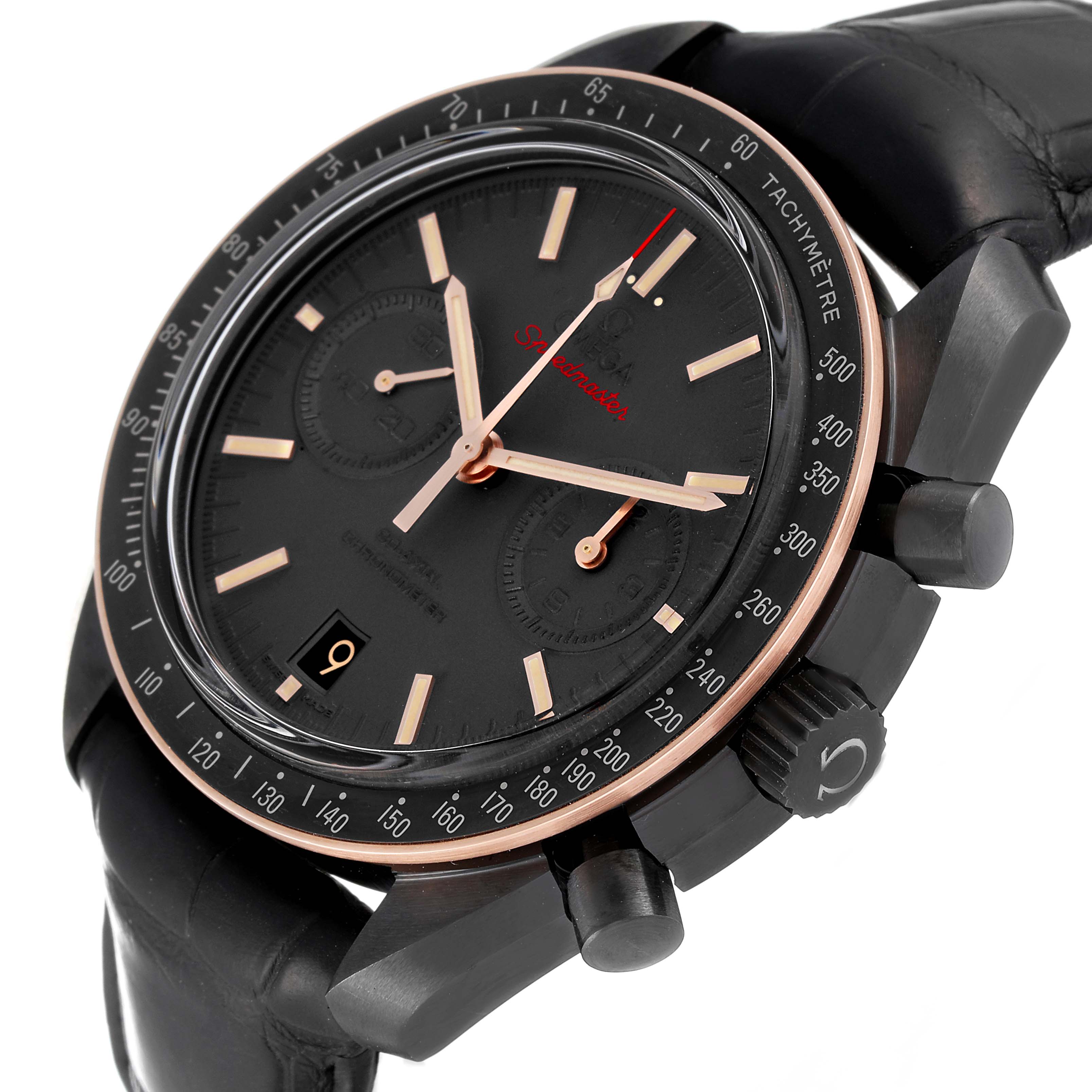 This angled view of the Omega Speedmaster 311.63.44.51.06.001 Men's Ceramic Grey Dial 311.63.44.51.06.001 Men's Ceramic Grey Dial watch shows the face, bezel, pushers, and crown.