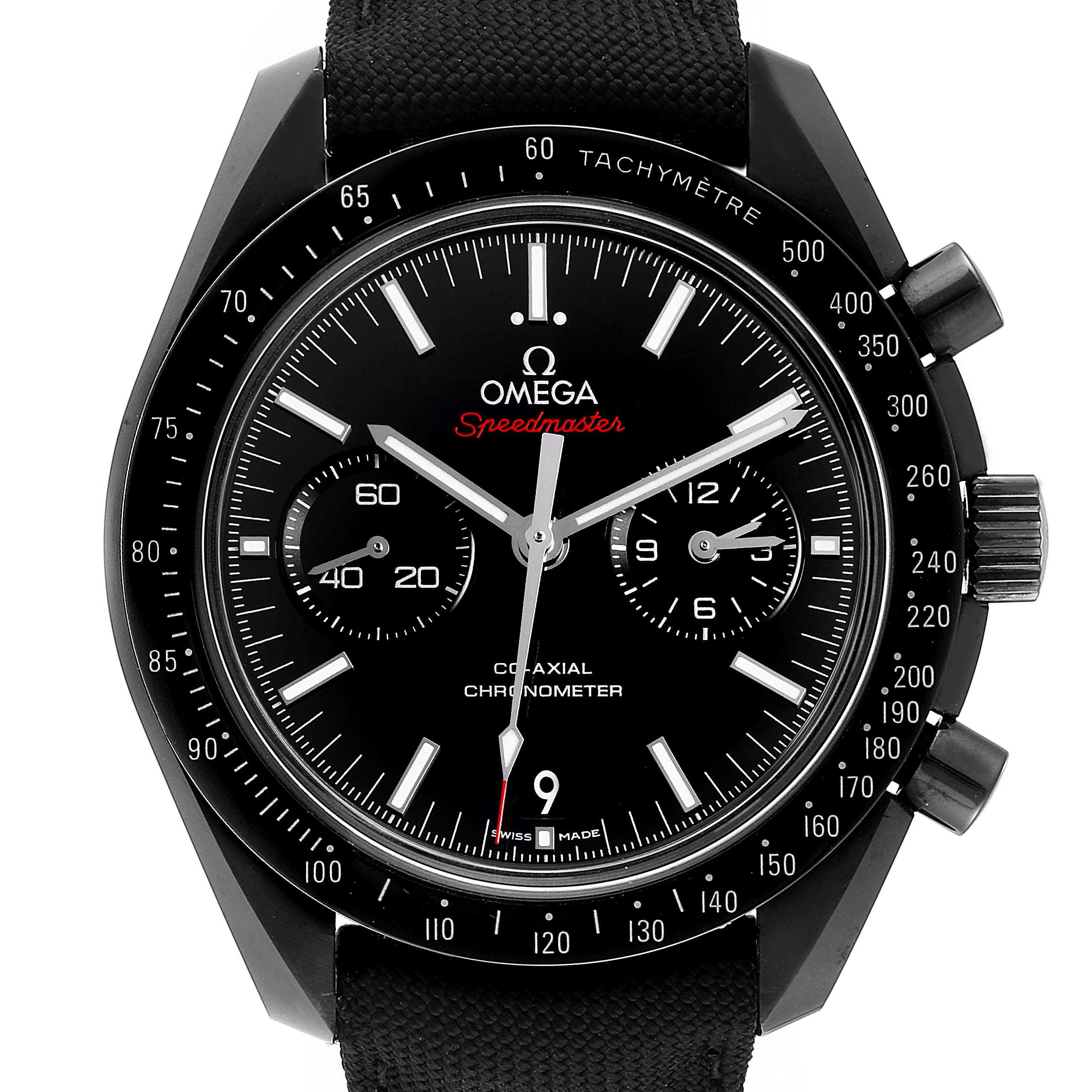 The image shows a front view of an Omega Speedmaster 311.92.44.51.01.003 Men's Titanium Black Dial 311.92.44.51.01.003 Men's Titanium Black Dial watch, highlighting the dial, sub-dials, hands, bezel, and crown.