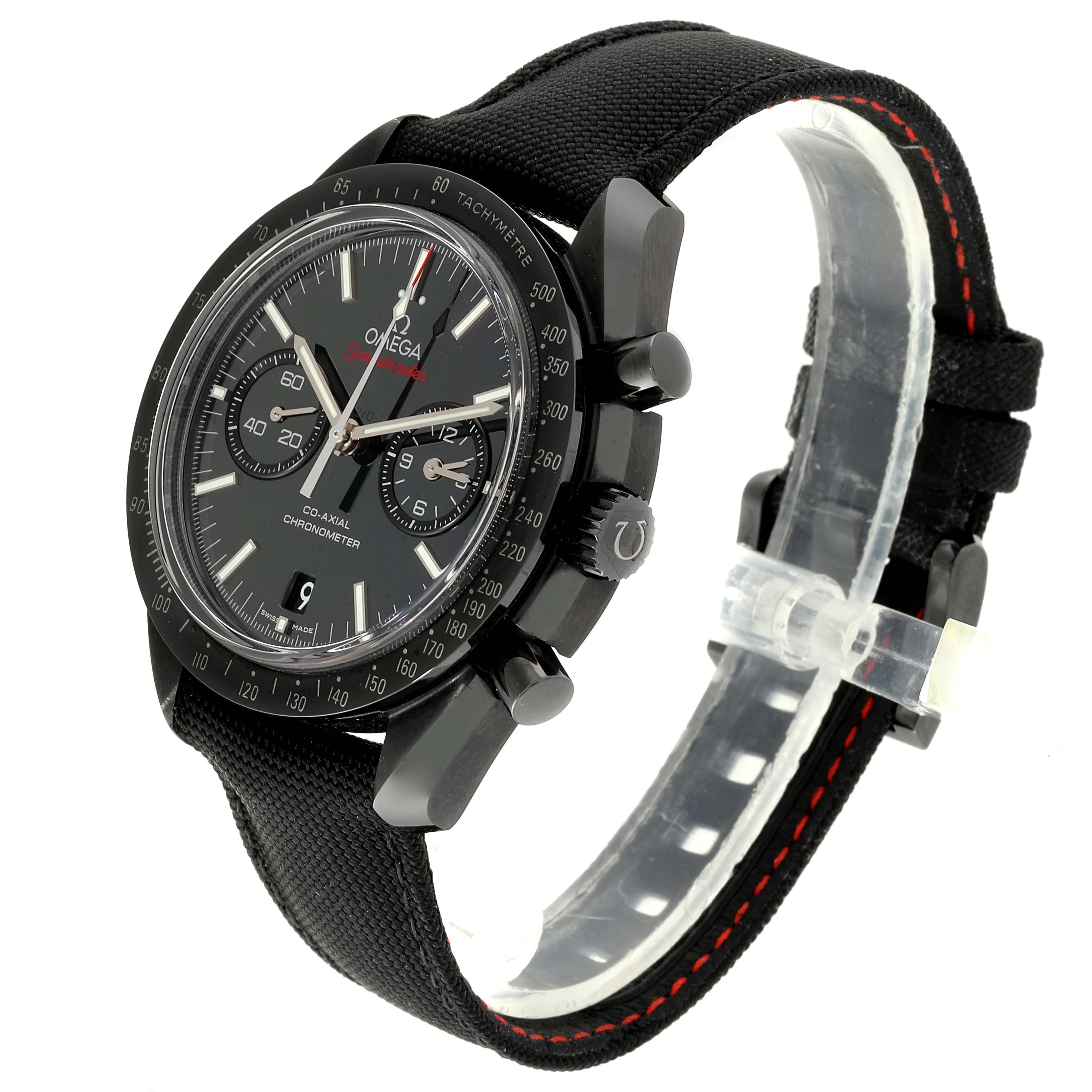 The Omega Speedmaster 311.92.44.51.01.003 Men's Titanium Black Dial 311.92.44.51.01.003 Men's Titanium Black Dial watch is shown from a three-quarter angle, displaying the face, bezel, case, pushers, crown, and strap.