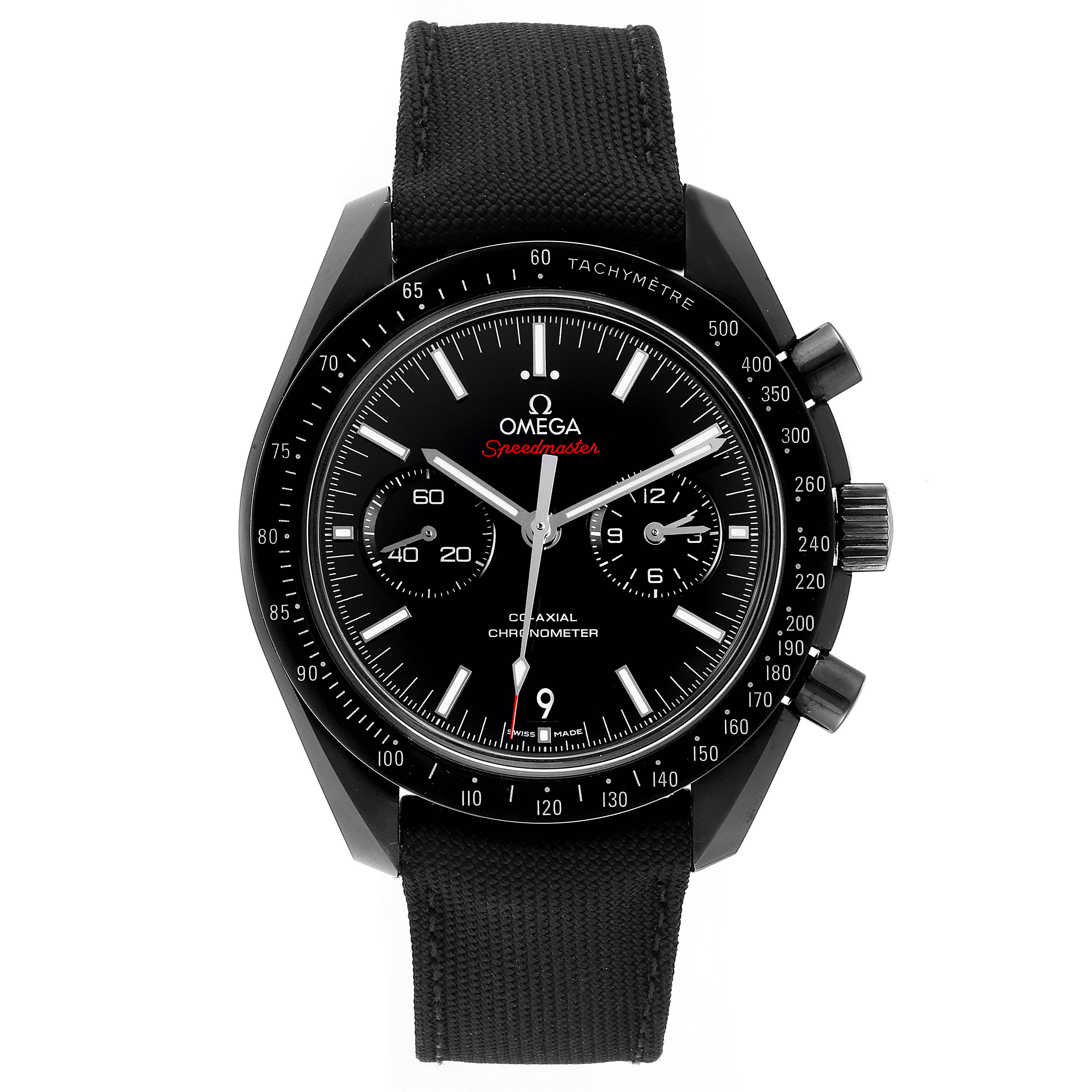 The image shows a front view of the Omega Speedmaster 311.92.44.51.01.003 Men's Titanium Black Dial 311.92.44.51.01.003 Men's Titanium Black Dial watch, displaying its dial, bezel, crown, and strap.