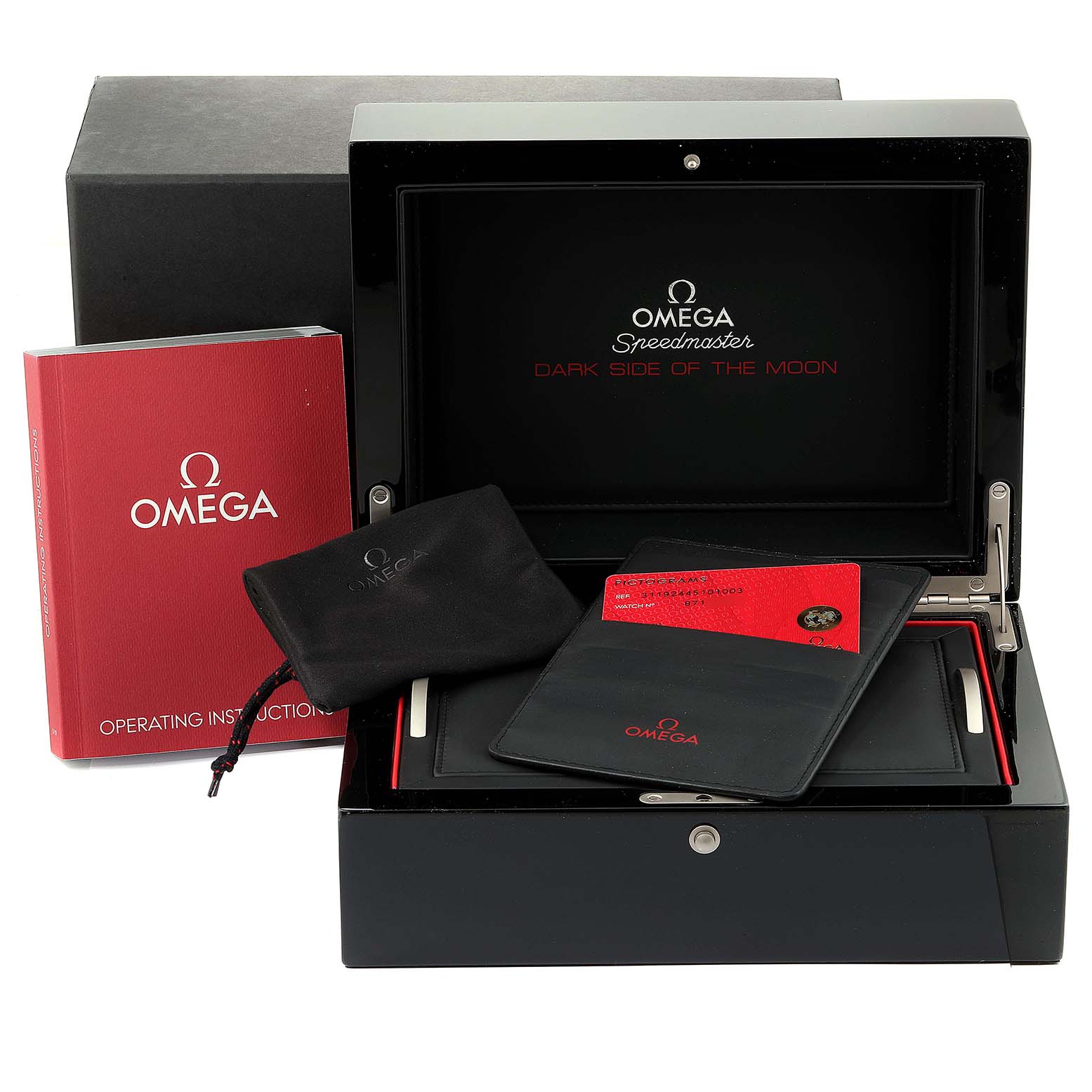 The image shows the Omega Speedmaster 311.92.44.51.01.003 Men's Titanium Black Dial 311.92.44.51.01.003 Men's Titanium Black Dial Dark Side of the Moon watch box set, including the box, manuals, and additional accessories.