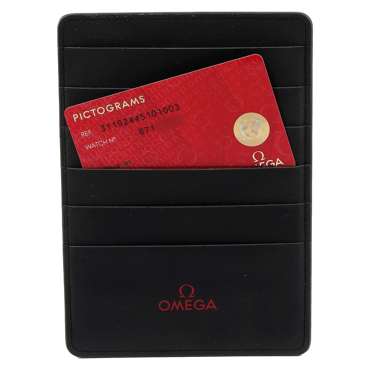 The image shows an Omega Speedmaster 311.92.44.51.01.003 Men's Titanium Black Dial 311.92.44.51.01.003 Men's Titanium Black Dial warranty card in a black leather cardholder branded with the Omega logo.