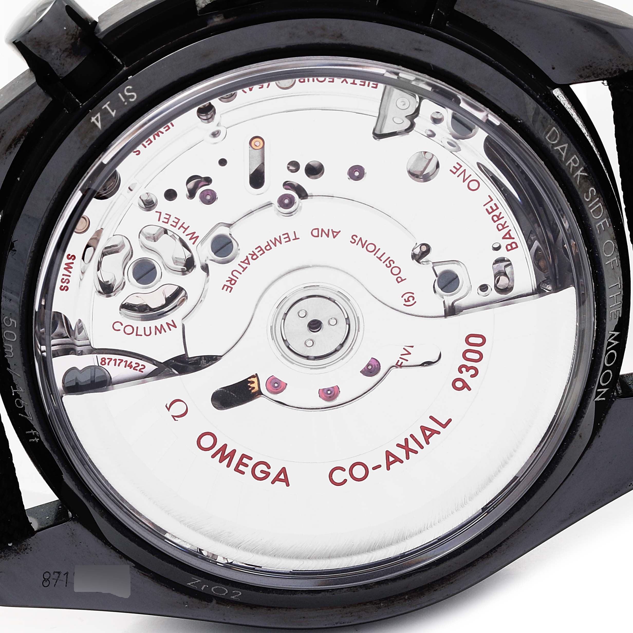 The image shows the back view of an Omega Speedmaster 311.92.44.51.01.003 Men's Titanium Black Dial 311.92.44.51.01.003 Men's Titanium Black Dial watch model, highlighting the Co-Axial 9300 movement.