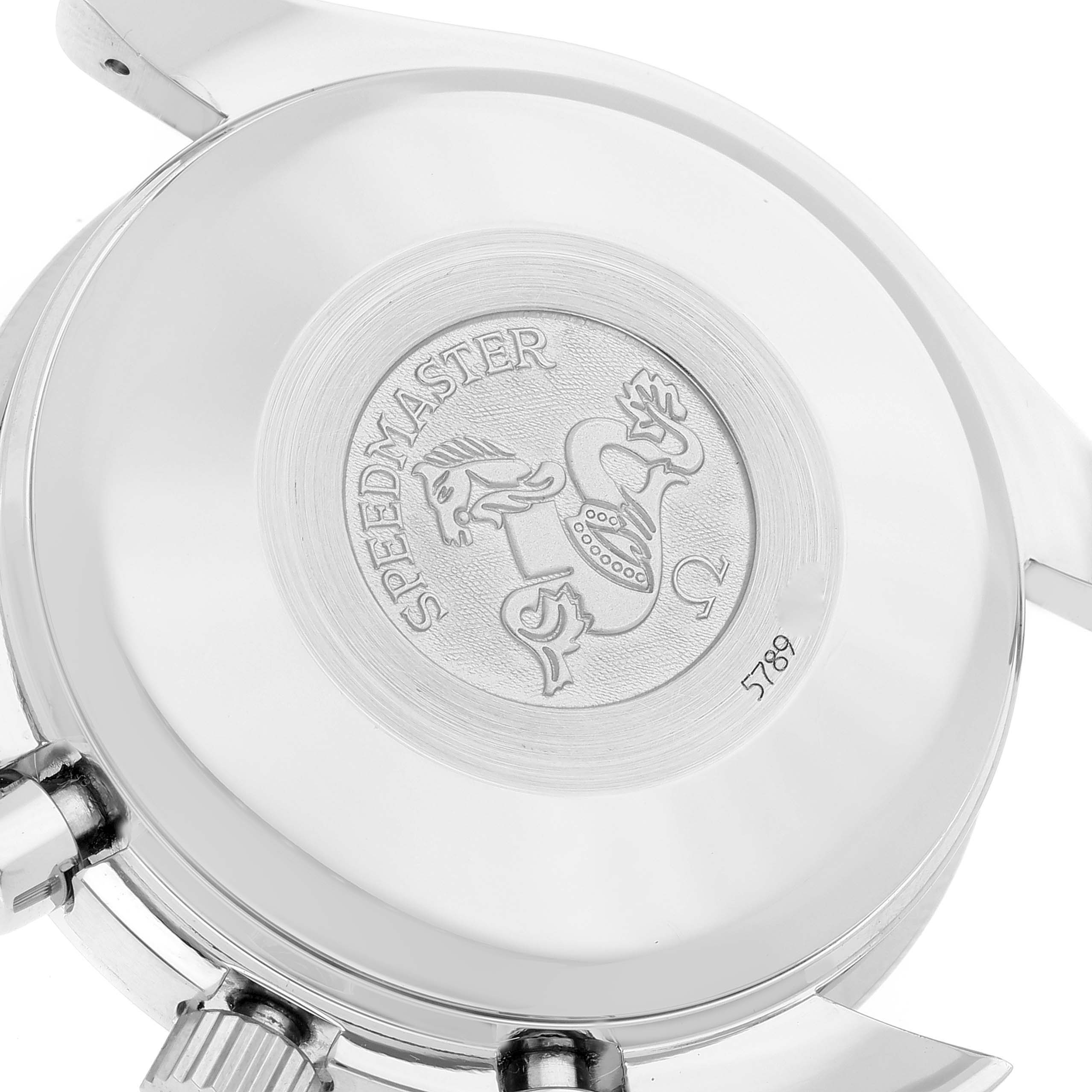 The image shows the back case of an Omega Speedmaster 3513.50.00 Men
s Stainless Steel Black Dial 3513.50.00 Men
s Stainless Steel Black Dial watch, including the logo and model engravings.