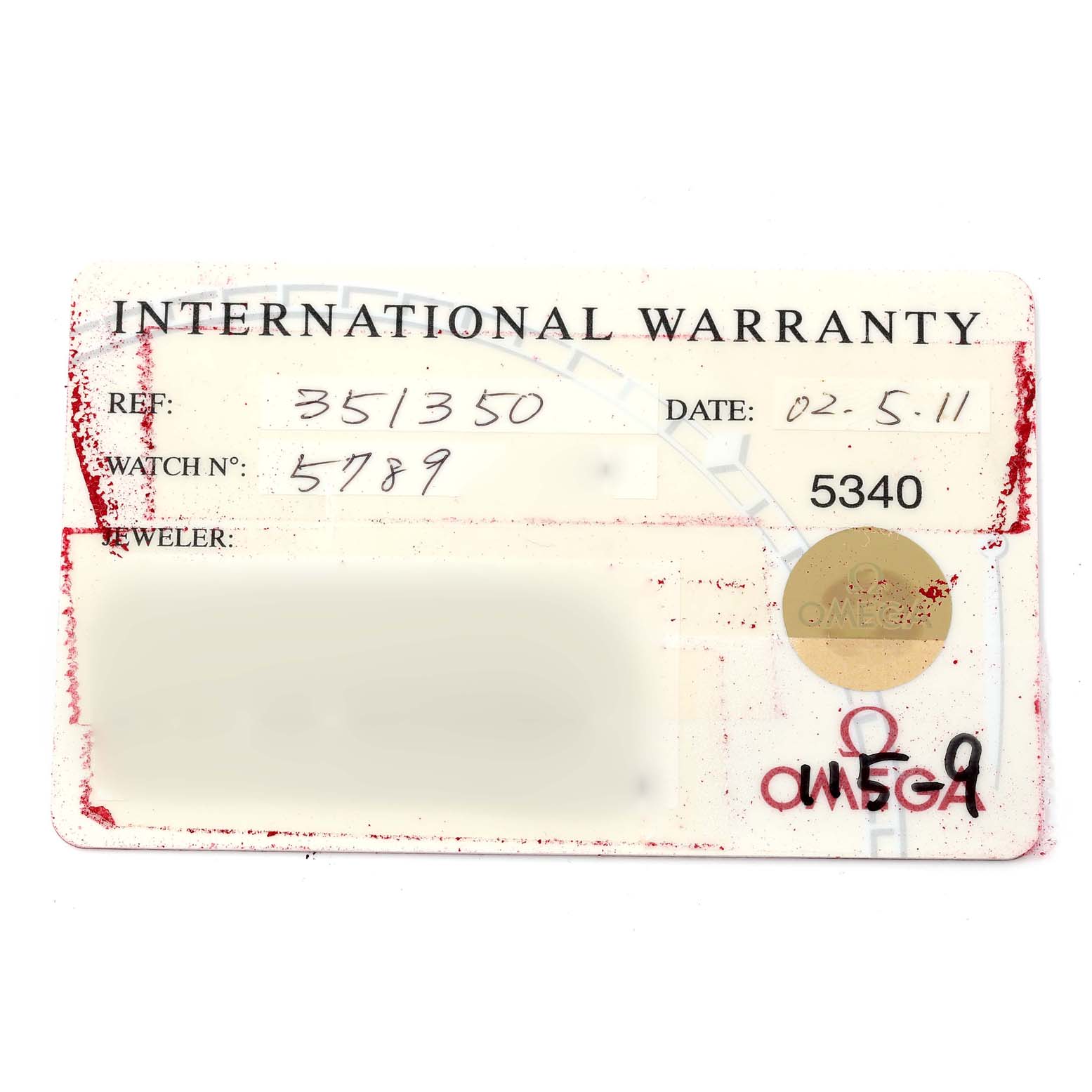 This image shows the international warranty card for an Omega Speedmaster 3513.50.00 Men
s Stainless Steel Black Dial 3513.50.00 Men
s Stainless Steel Black Dial watch.