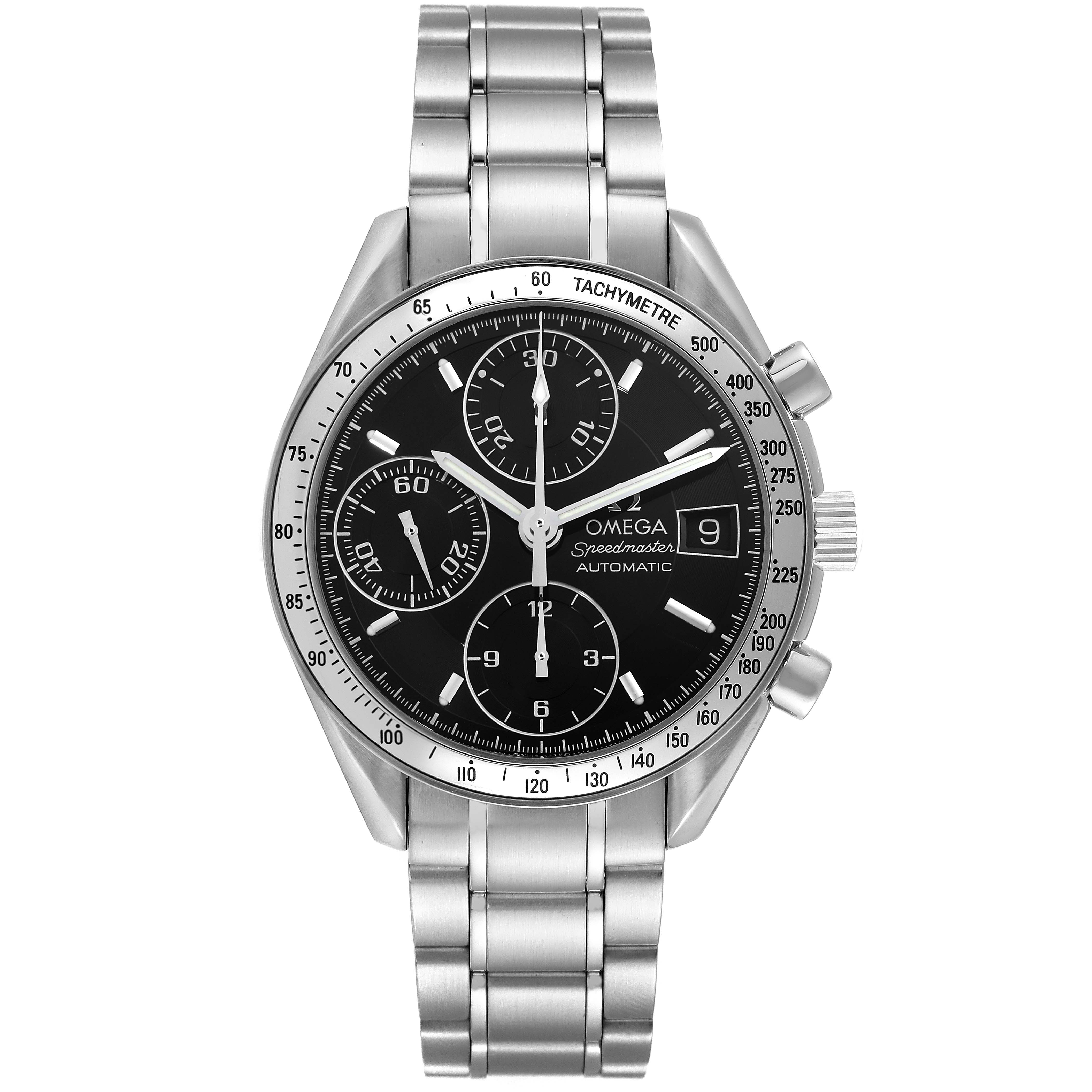 The image shows a front view of an Omega Speedmaster 3513.50.00 Men
s Stainless Steel Black Dial 3513.50.00 Men
s Stainless Steel Black Dial watch, displaying its black dial, chronograph subdials, tachymetre bezel, and metal bracelet.