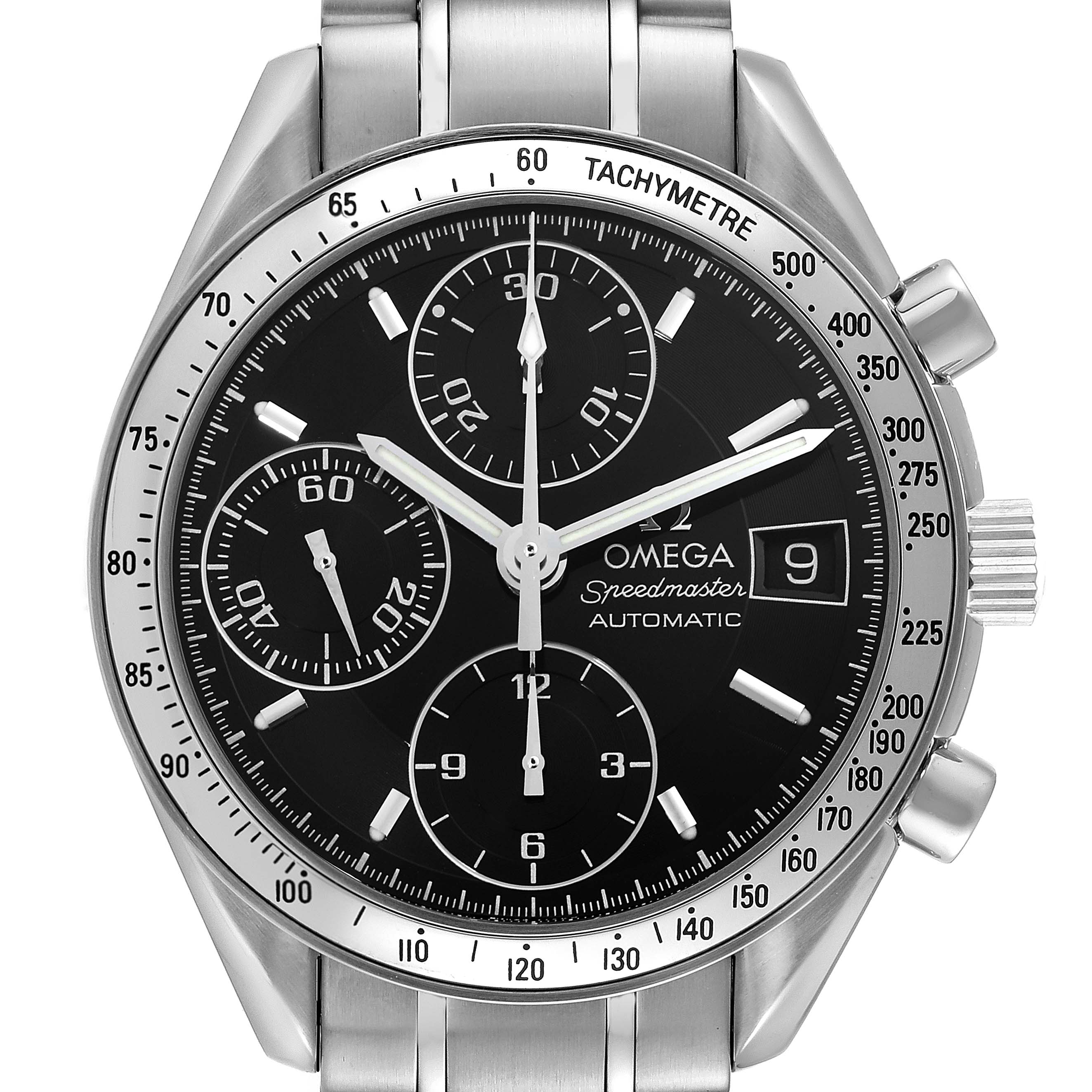 This image shows a front view of the Omega Speedmaster 3513.50.00 Men
s Stainless Steel Black Dial 3513.50.00 Men
s Stainless Steel Black Dial watch, highlighting its dial, chronograph, tachymeter bezel, date window, and buttons.