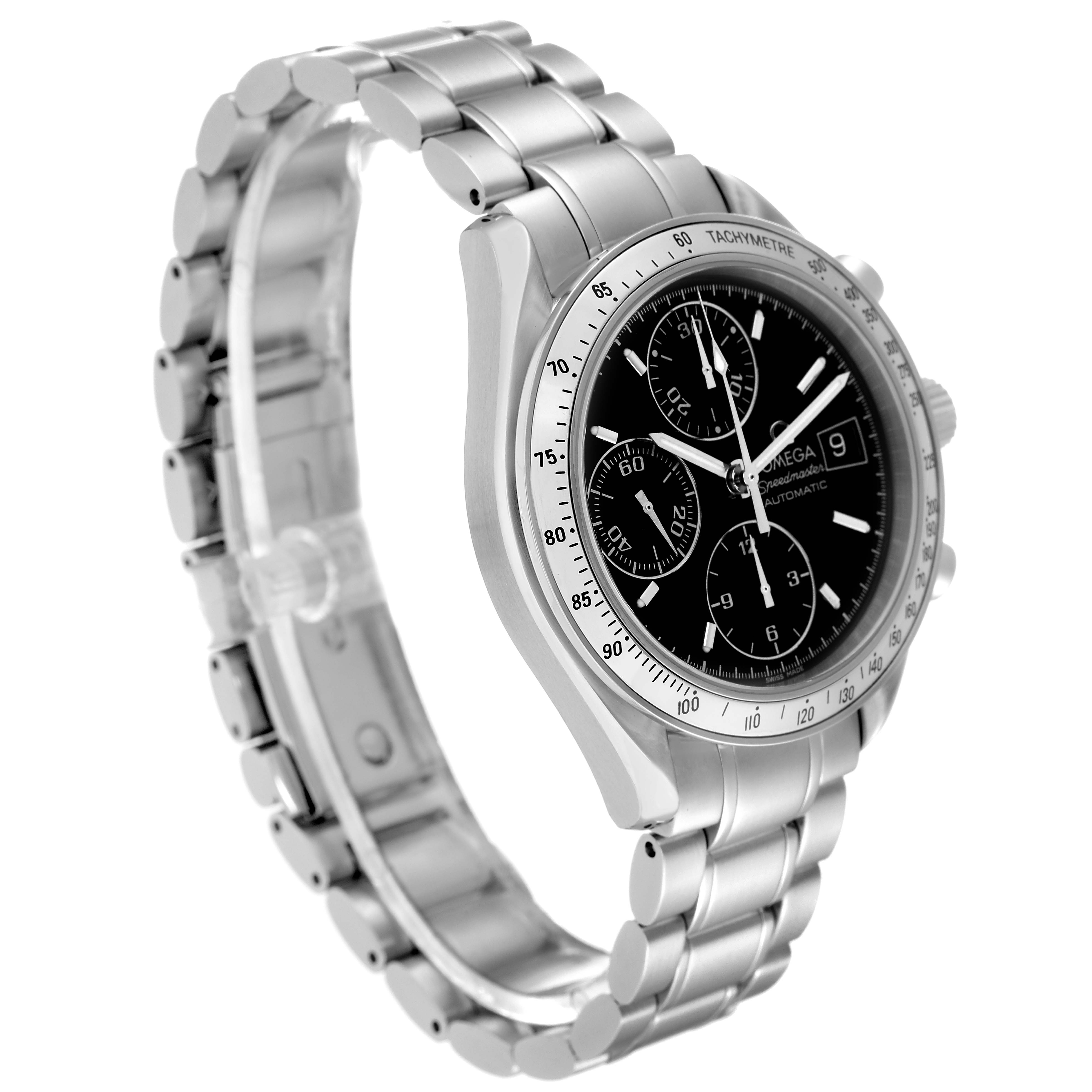 The Omega Speedmaster 3513.50.00 Men
s Stainless Steel Black Dial 3513.50.00 Men
s Stainless Steel Black Dial watch is shown in a three-quarter view highlighting the face, bezel, and metal bracelet.