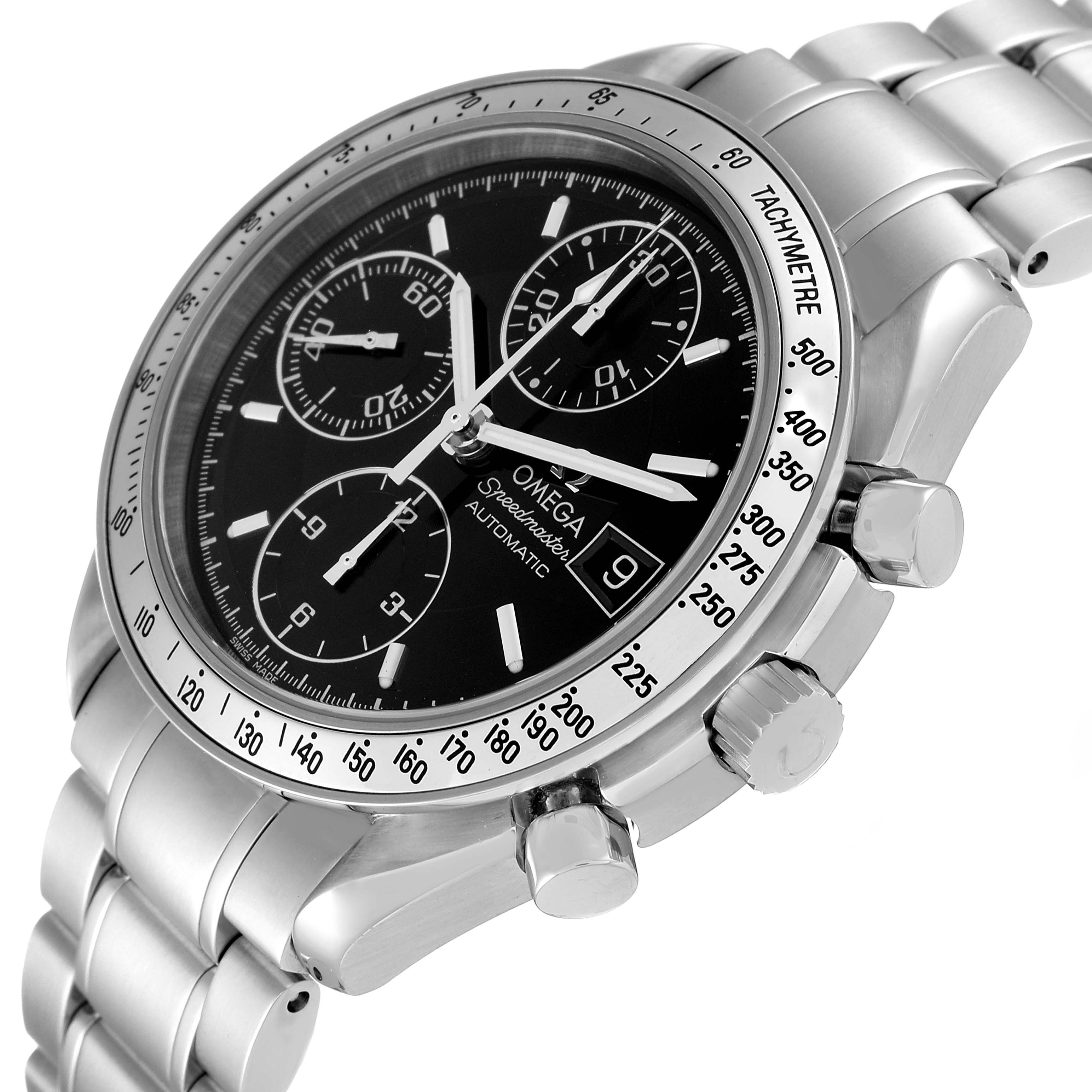 The image shows an angled close-up of an Omega Speedmaster 3513.50.00 Men
s Stainless Steel Black Dial 3513.50.00 Men
s Stainless Steel Black Dial watch, highlighting its chronograph dial and stainless steel bracelet.