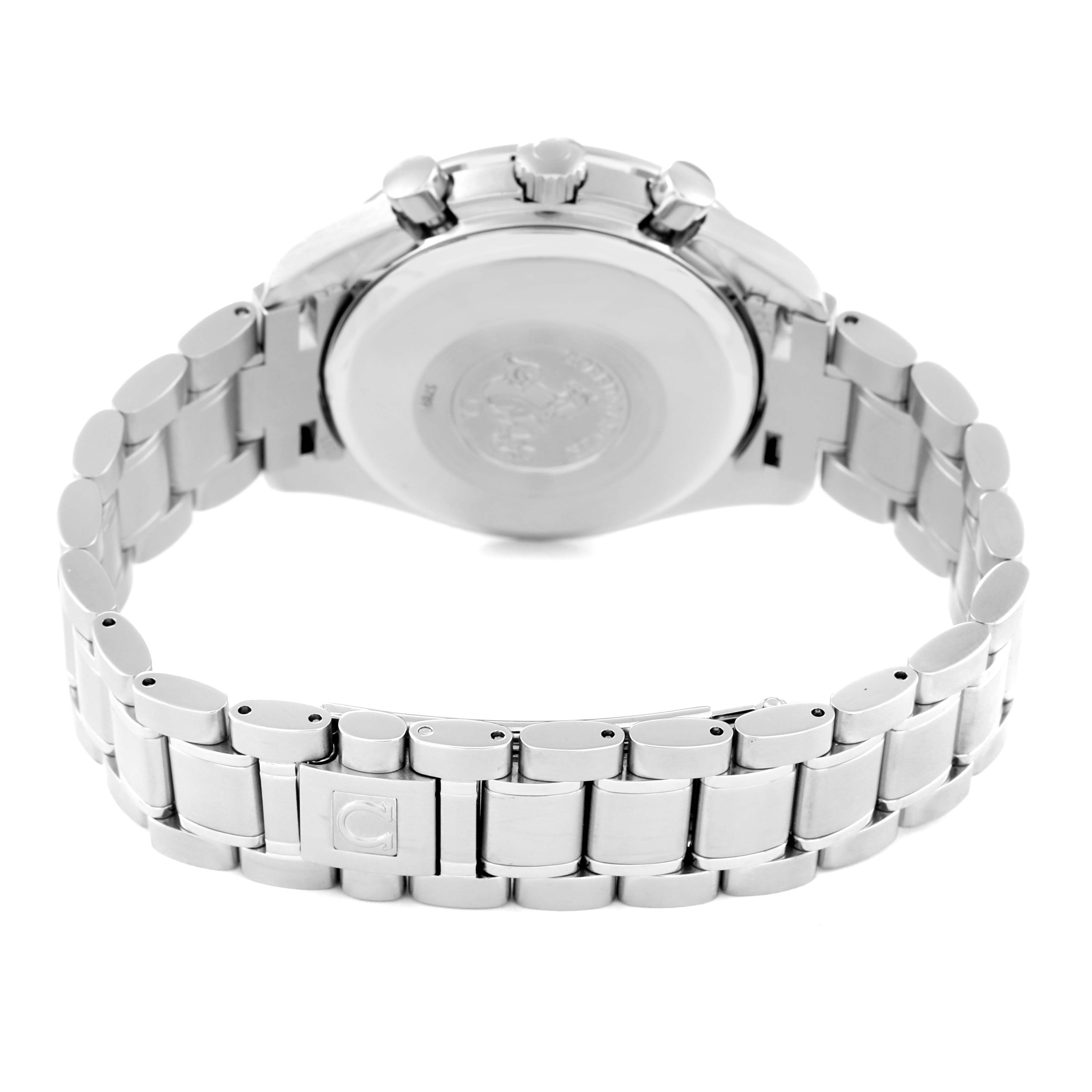 The image shows the back of an Omega Speedmaster 3513.50.00 Men
s Stainless Steel Black Dial 3513.50.00 Men
s Stainless Steel Black Dial watch, focusing on the case back, pushers, and stainless steel bracelet.