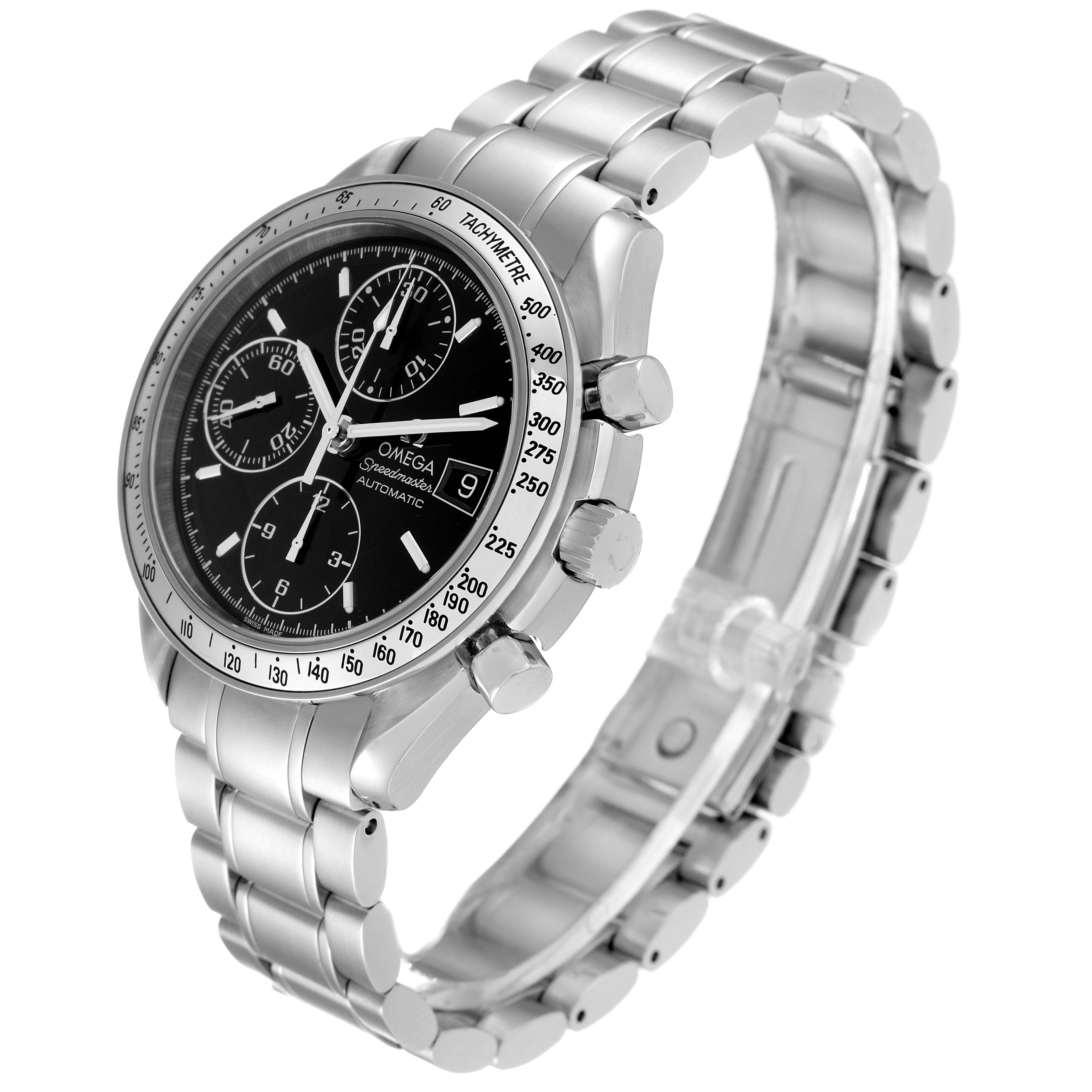 The image shows an angled side view of an Omega Speedmaster 3513.50.00 Men
s Stainless Steel Black Dial 3513.50.00 Men
s Stainless Steel Black Dial watch, highlighting the dial, bracelet, and side buttons.
