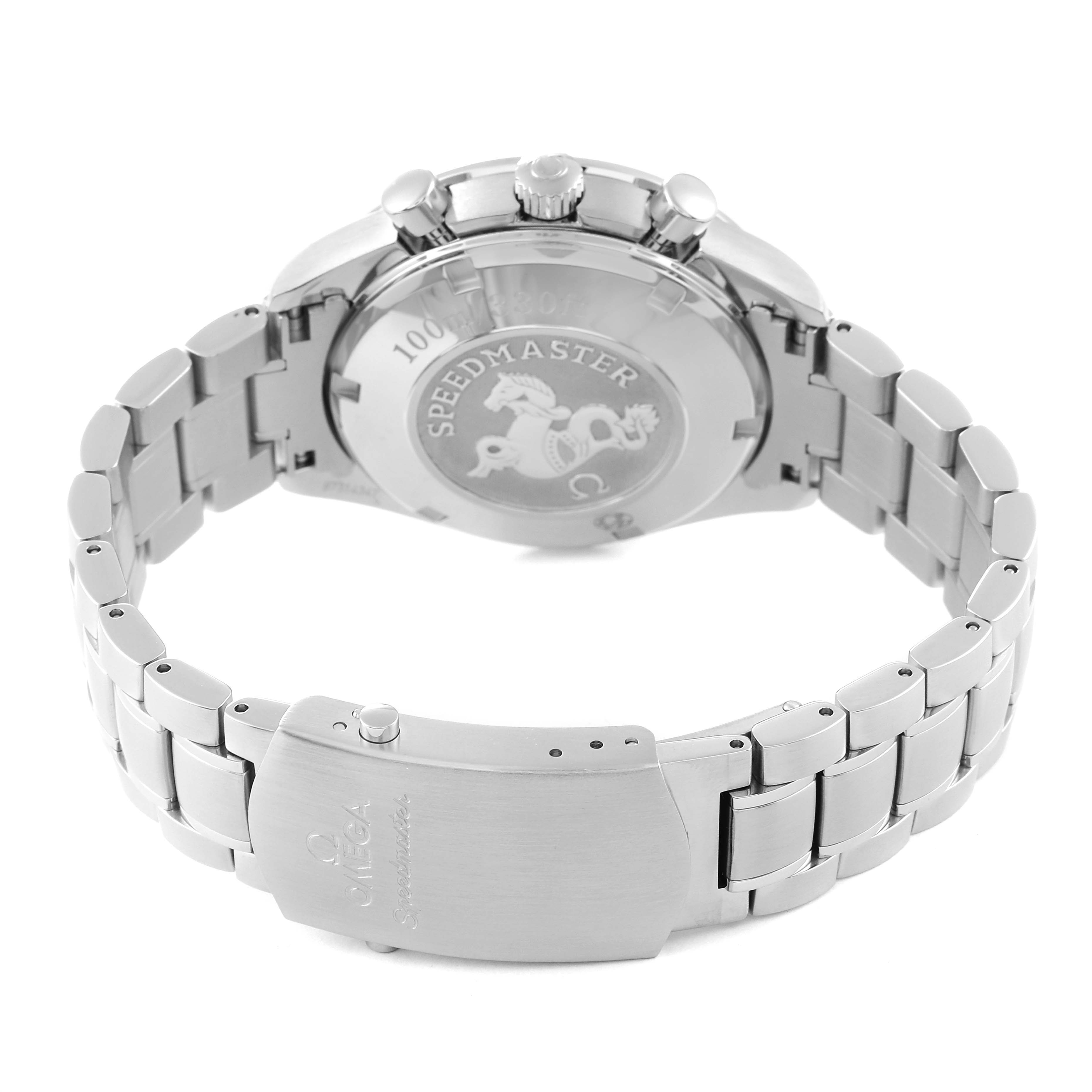 The image shows the back and bracelet of an Omega Speedmaster 323.30.40.40.06.001 Men's Stainless Steel Grey Dial 323.30.40.40.06.001 Men's Stainless Steel Grey Dial watch from a rear angle.