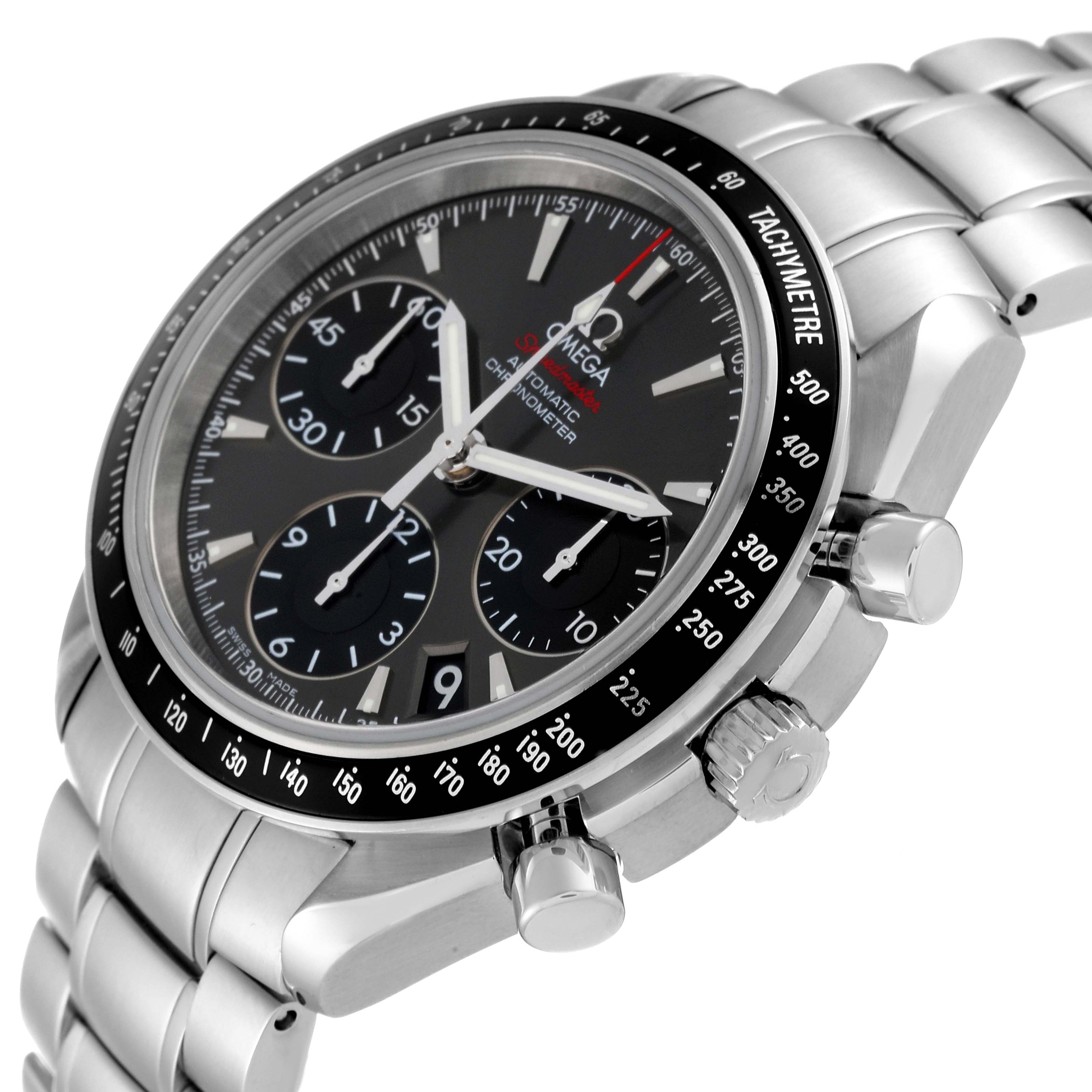 The image shows a side-angle view of an Omega Speedmaster 323.30.40.40.06.001 Men's Stainless Steel Grey Dial 323.30.40.40.06.001 Men's Stainless Steel Grey Dial watch, highlighting its black dial, tachymeter bezel, and pushers.
