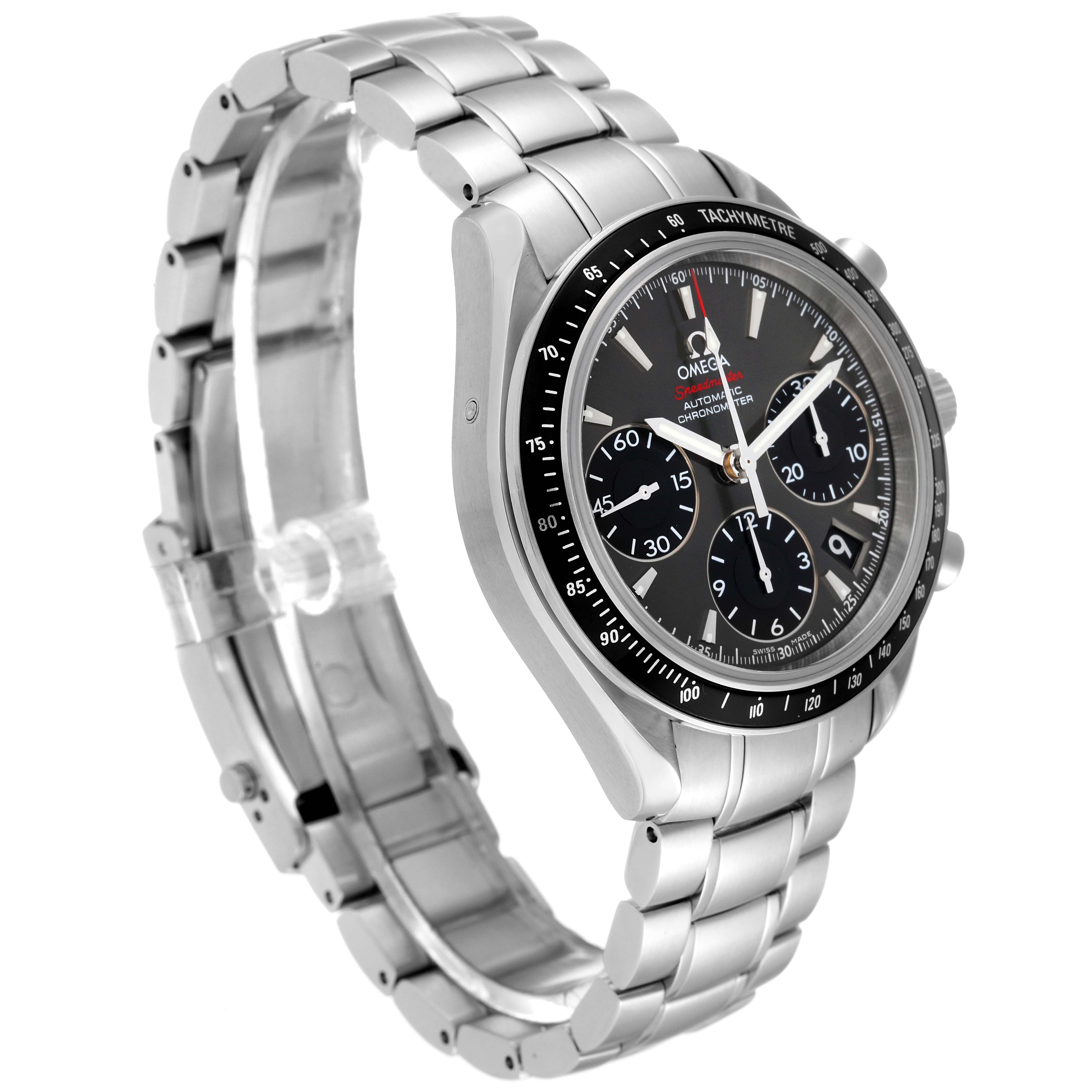 The image shows an Omega Speedmaster 323.30.40.40.06.001 Men's Stainless Steel Grey Dial 323.30.40.40.06.001 Men's Stainless Steel Grey Dial watch at a slight angle, highlighting its face, tachymeter bezel, and stainless steel bracelet.