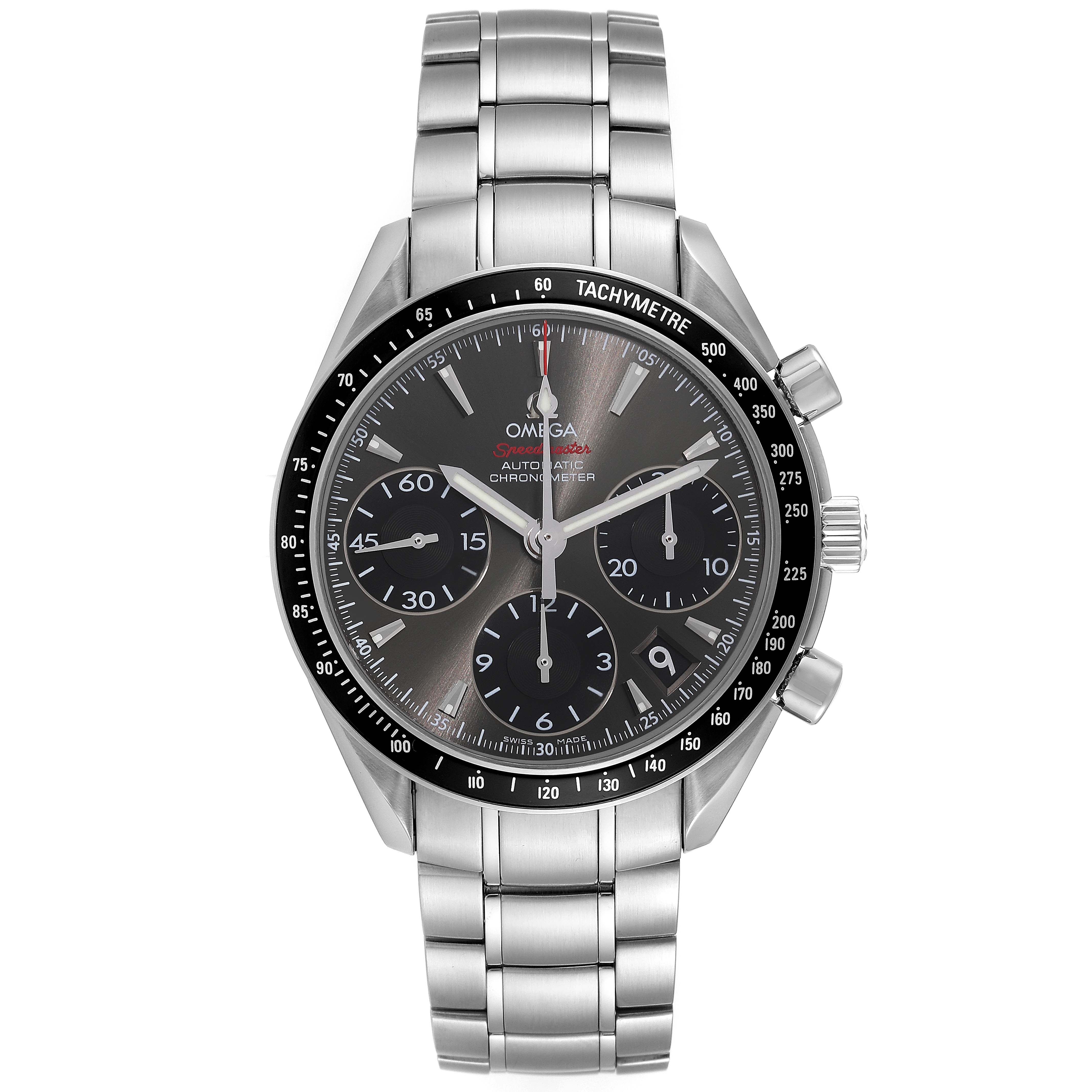 The Omega Speedmaster 323.30.40.40.06.001 Men's Stainless Steel Grey Dial 323.30.40.40.06.001 Men's Stainless Steel Grey Dial watch is shown from the front, displaying its bezel, dial, subdials, and bracelet.