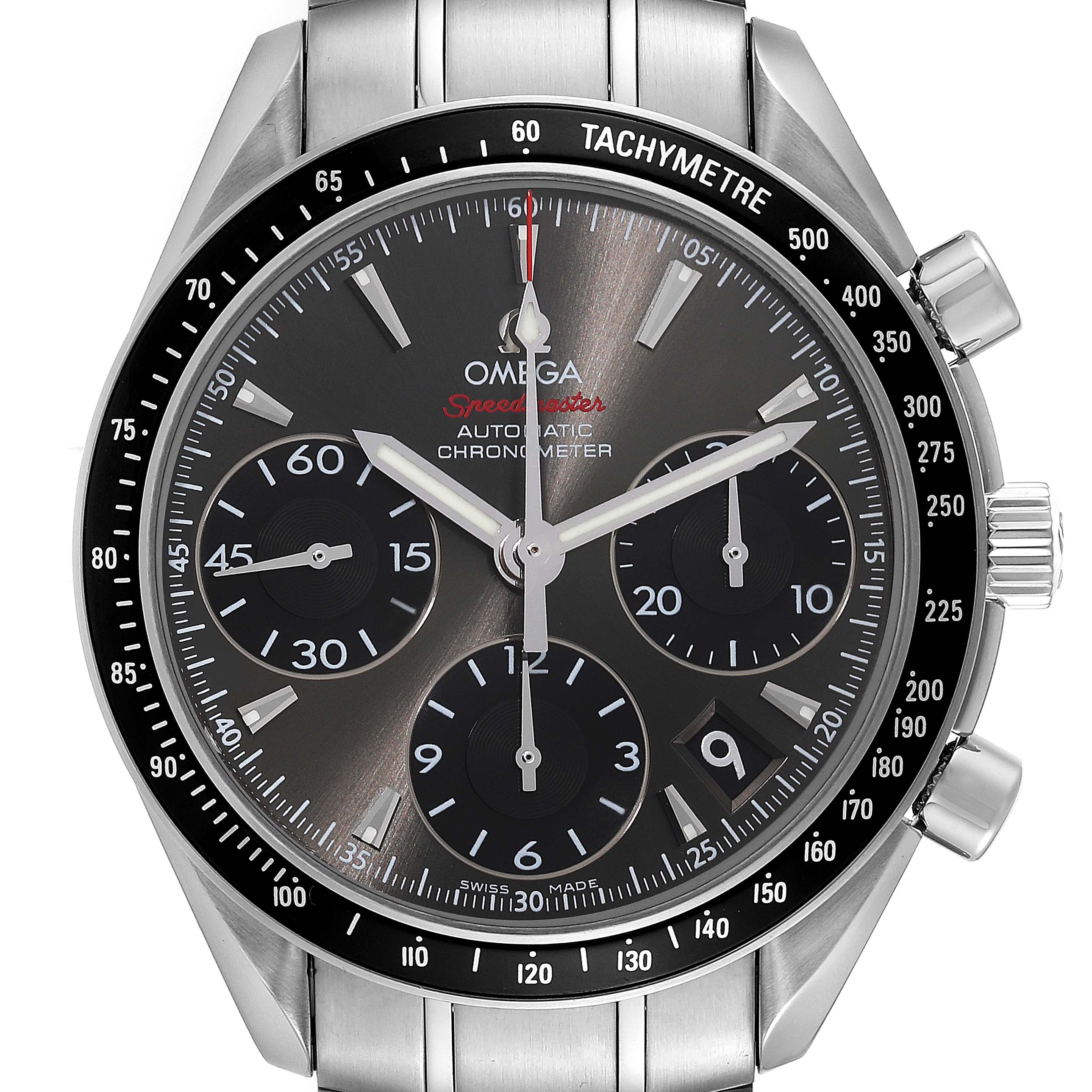 The image shows a front view of an Omega Speedmaster 323.30.40.40.06.001 Men's Stainless Steel Grey Dial 323.30.40.40.06.001 Men's Stainless Steel Grey Dial watch, detailing its tachymeter, chronometer, and subdials.