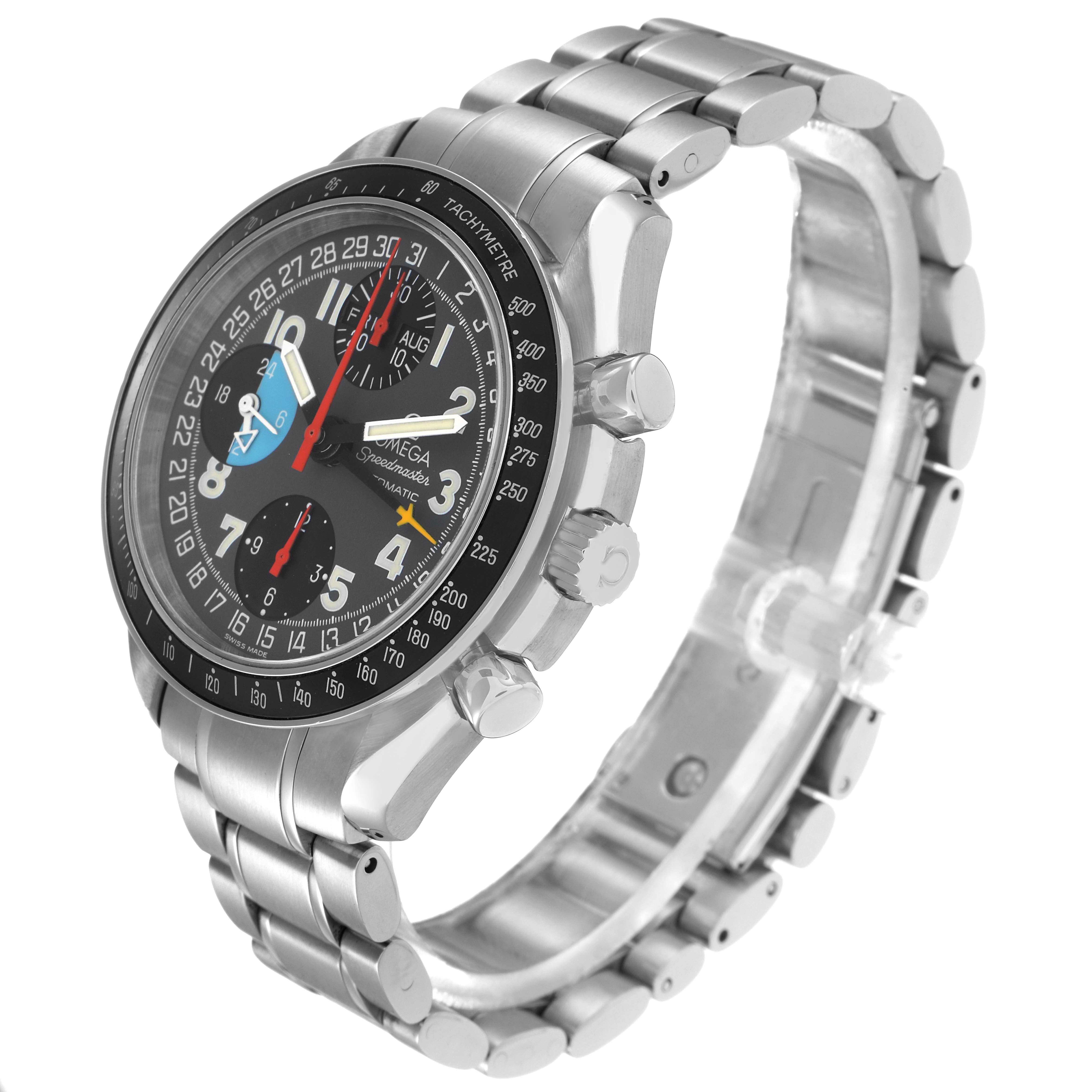 The Omega Speedmaster 3520.53.00 Men
s Stainless Steel Grey Dial watch is shown at a three-quarter angle, highlighting the face, bezel, and bracelet.