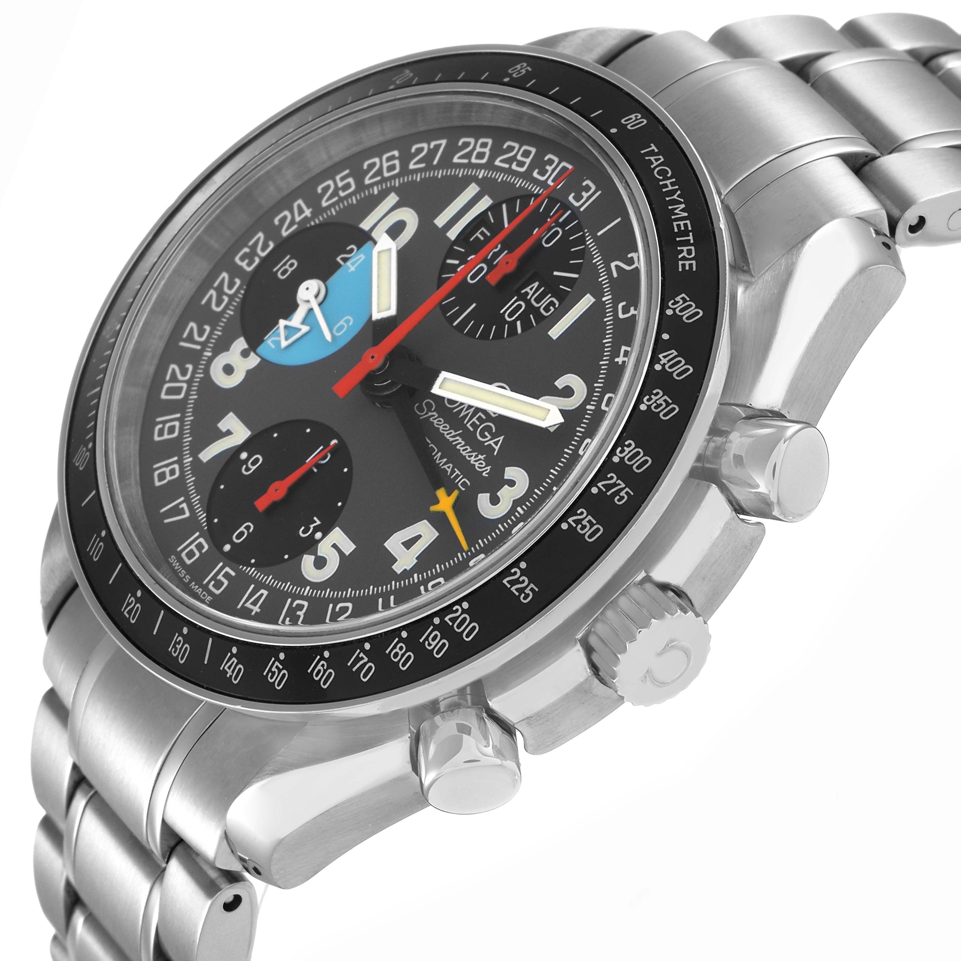 The Omega Speedmaster 3520.53.00 Men
s Stainless Steel Grey Dial watch is shown at an oblique angle, highlighting the dial, bezel, crowns, and part of the bracelet.