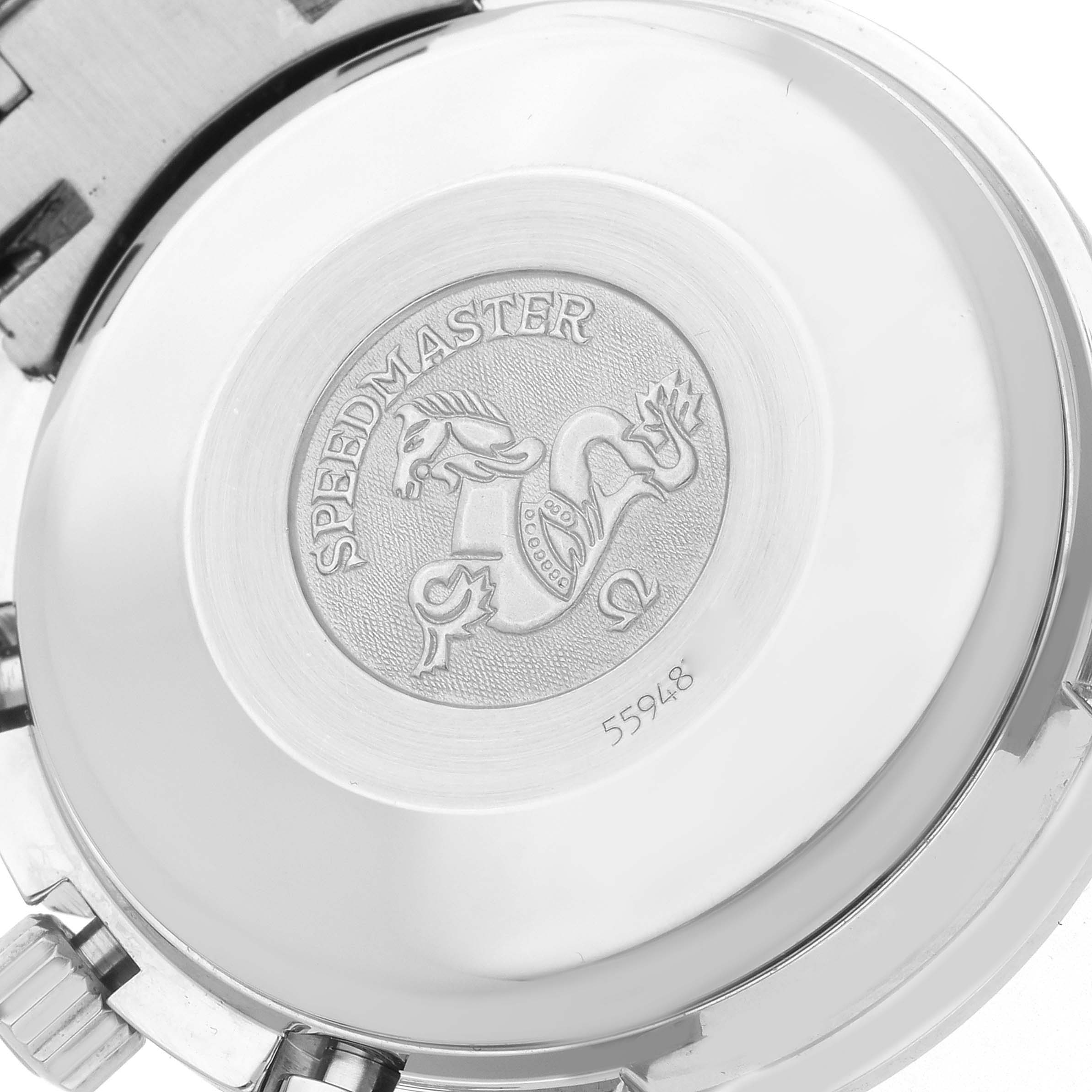 The image shows the case back of an Omega Speedmaster 3520.53.00 Men
s Stainless Steel Grey Dial, featuring the emblem and model name engraving.