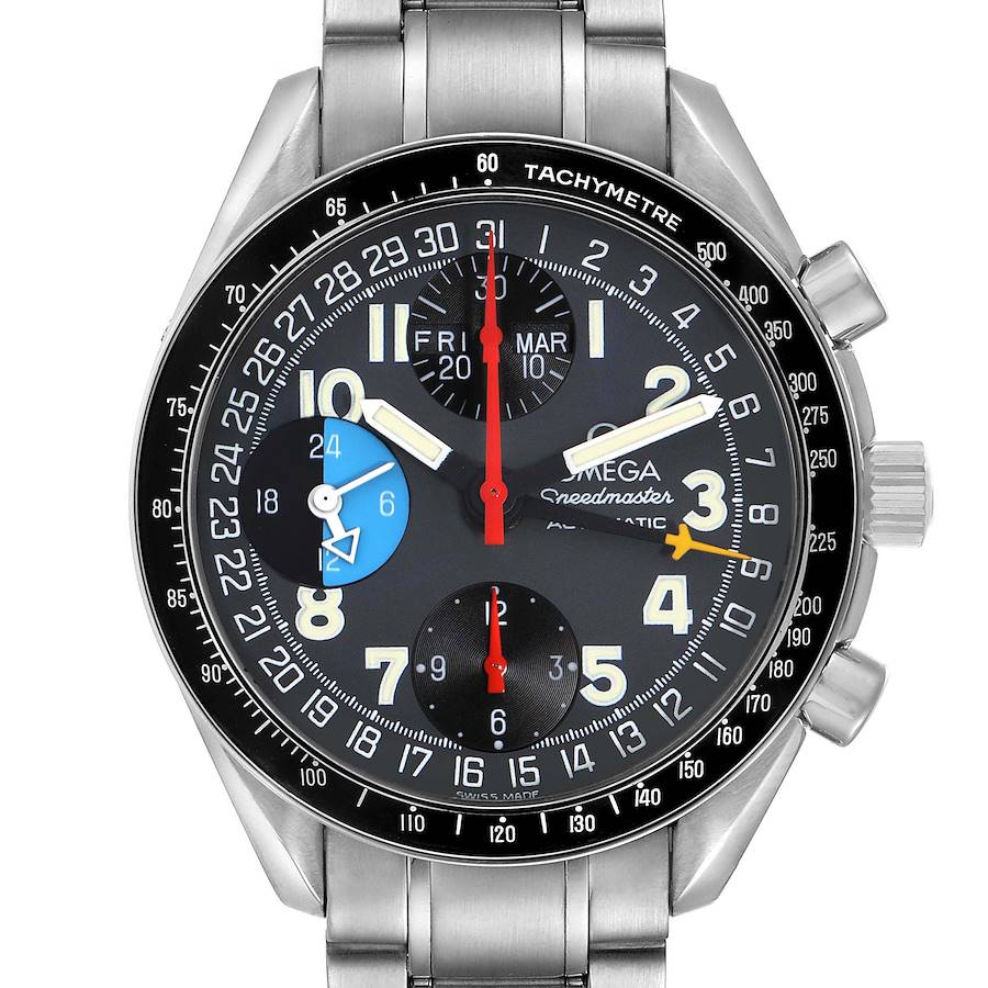 The Omega Speedmaster model 3520.53.00 is shown from a front angle, highlighting its dial, bezel, chronograph sub-dials, and metal bracelet.