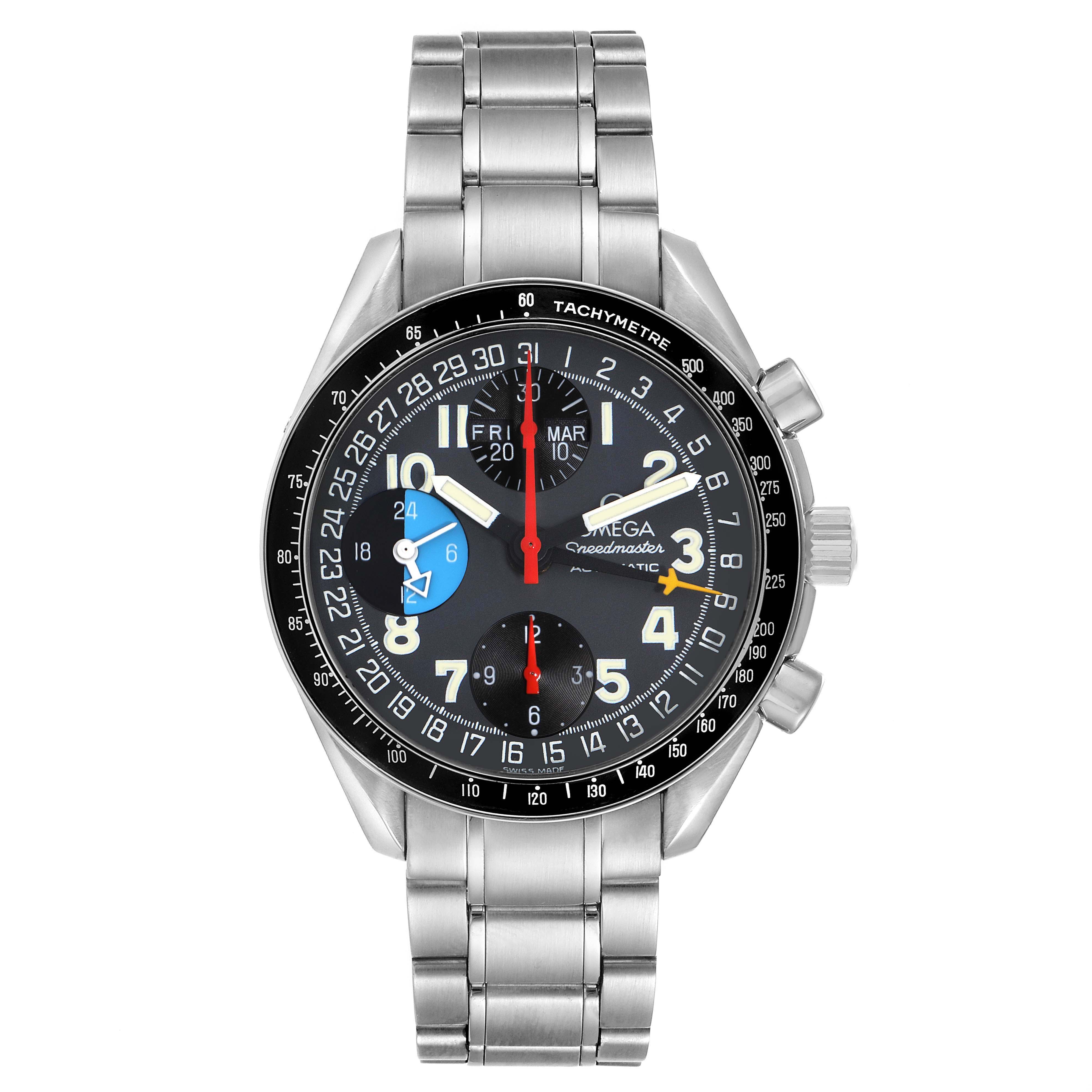 The Omega Speedmaster 3520.53.00 Men
s Stainless Steel Grey Dial watch is shown from the front, displaying the dial, hands, subdials, bezel, and metal bracelet.