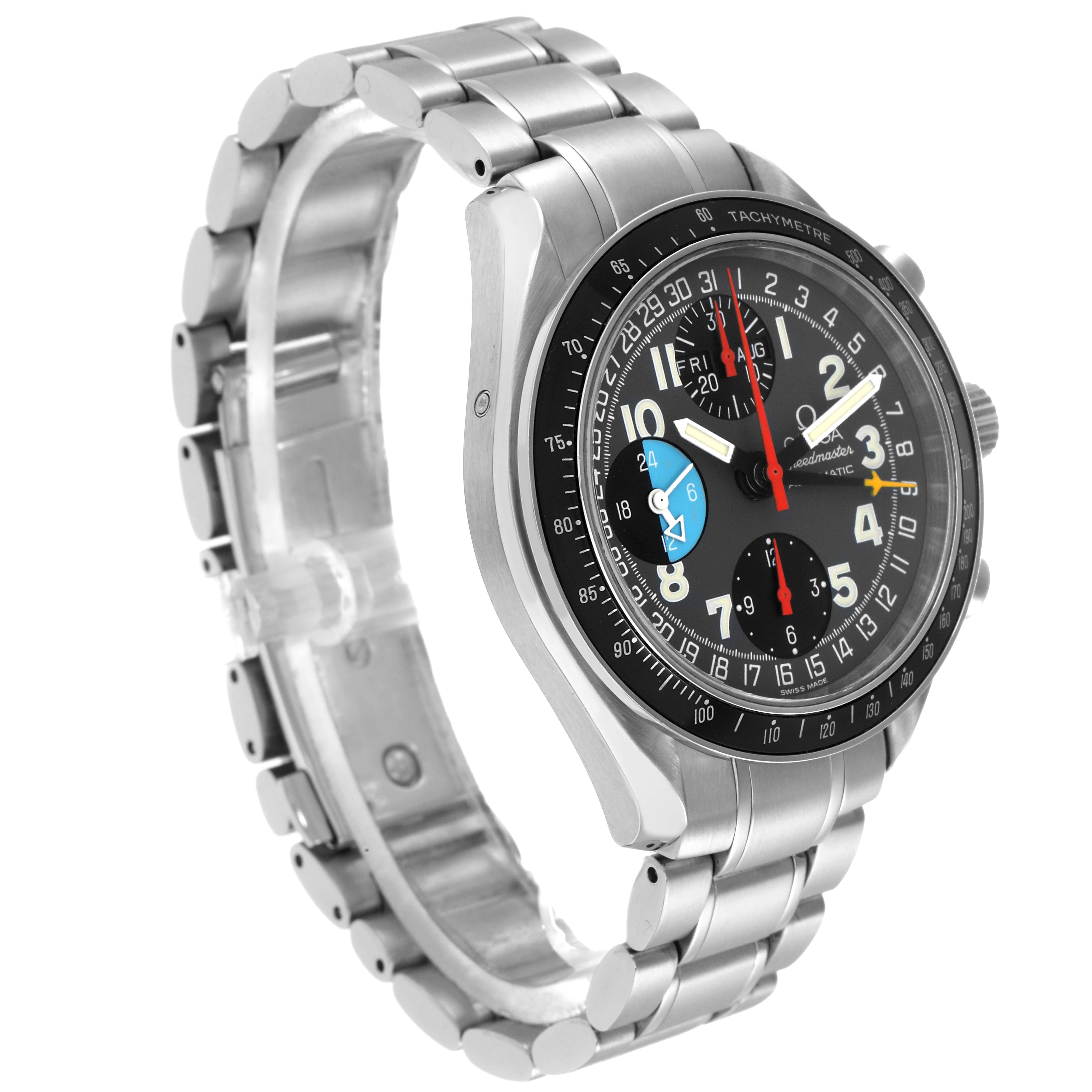 The Omega Speedmaster 3520.53.00 Men
s Stainless Steel Grey Dial watch is shown at a three-quarter angle, highlighting its bracelet, bezel, and detailed dial.