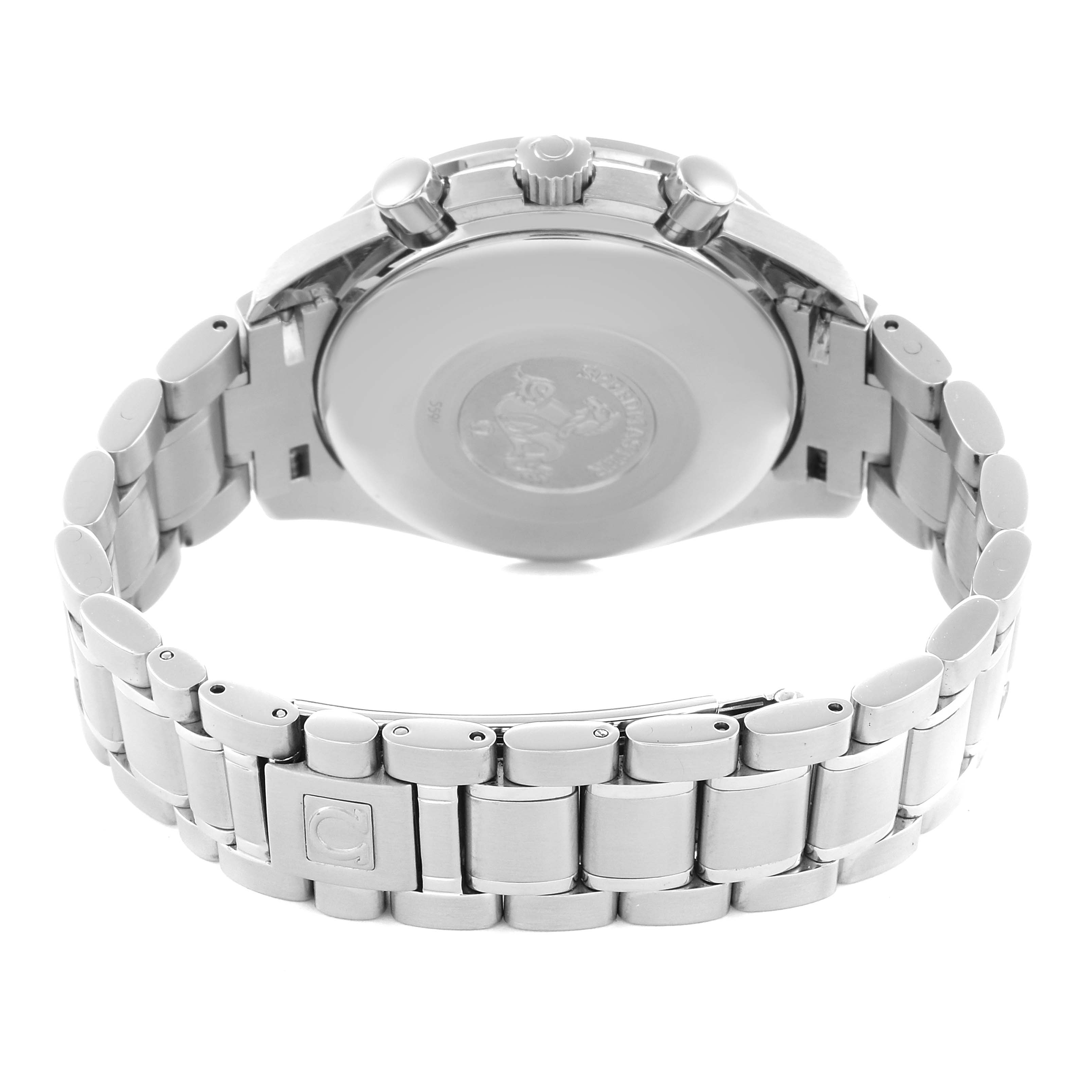 The image shows the back and clasp of an Omega Speedmaster 3520.53.00 Men
s Stainless Steel Grey Dial watch, highlighting the stainless steel bracelet and case back.