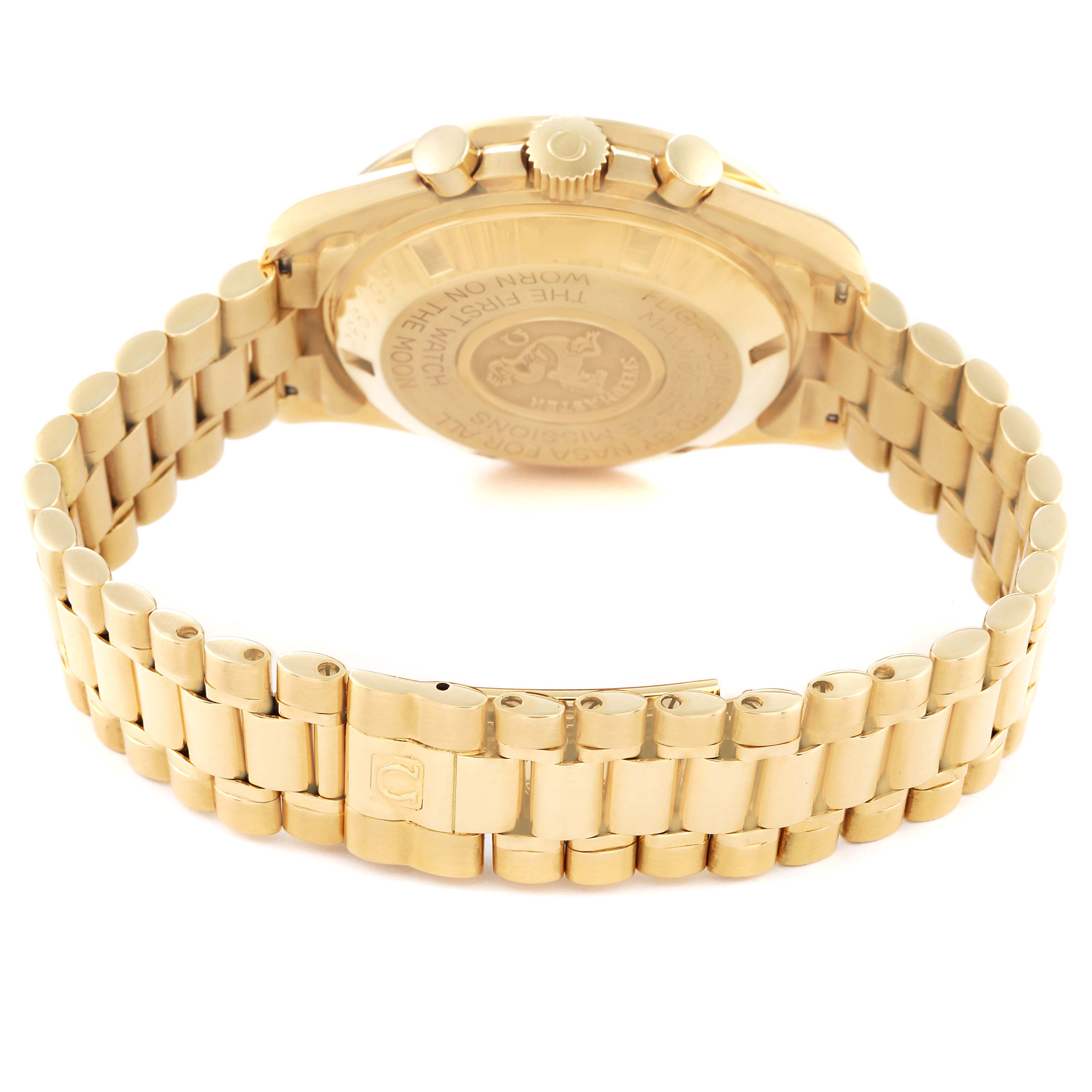 The image shows the back and bracelet of the Omega Speedmaster 3191.50 Men's Yellow Gold Black Dial watch, focusing on the clasp and case back details.