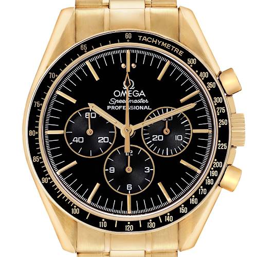 The Omega Speedmaster 3191.50 Men's Yellow Gold Black Dial is shown from a front angle, highlighting the dial, tachymeter bezel, and pushers.