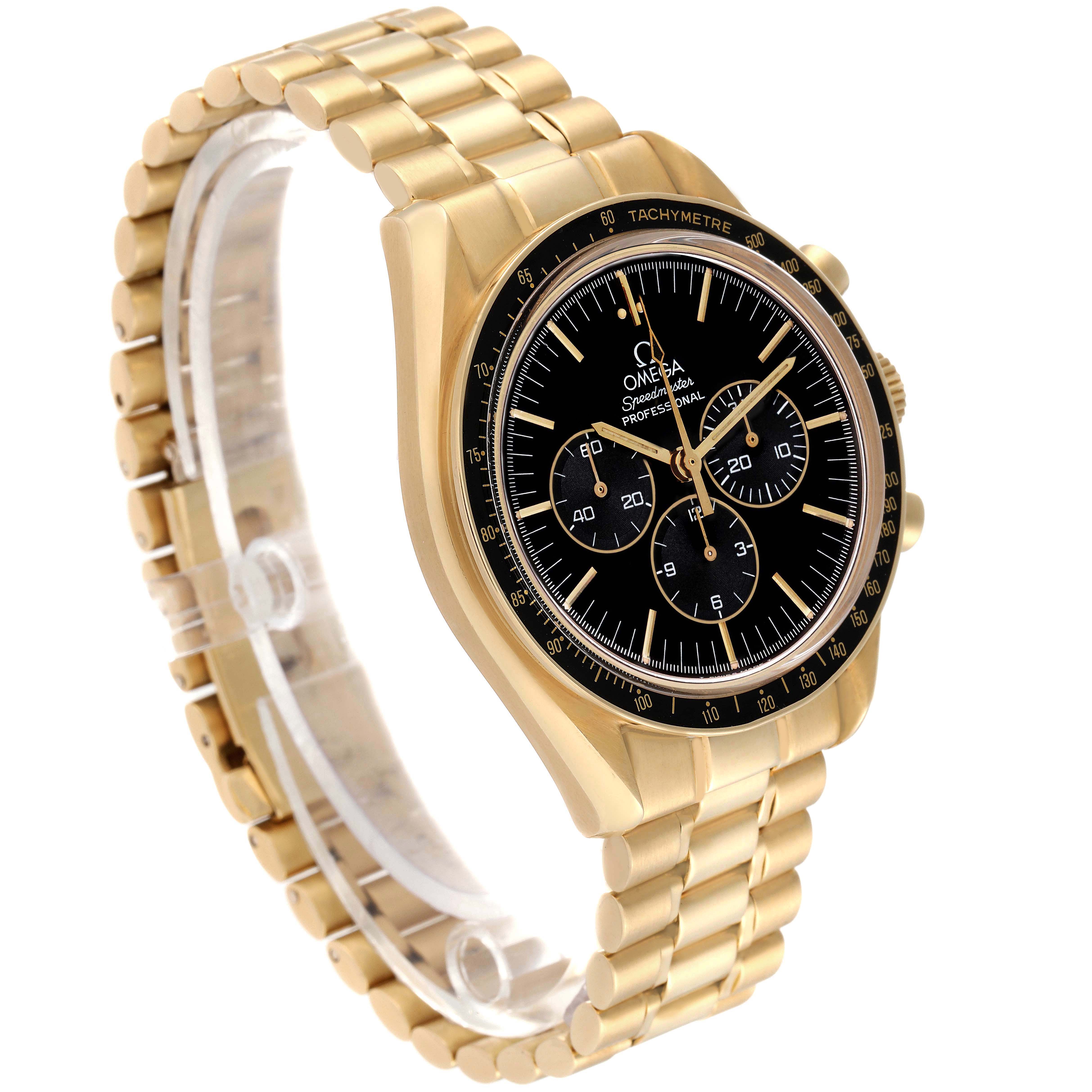 The Omega Speedmaster 3191.50 Men's Yellow Gold Black Dial is shown at a three-quarter angle, highlighting its bracelet, dial, and tachymeter bezel.