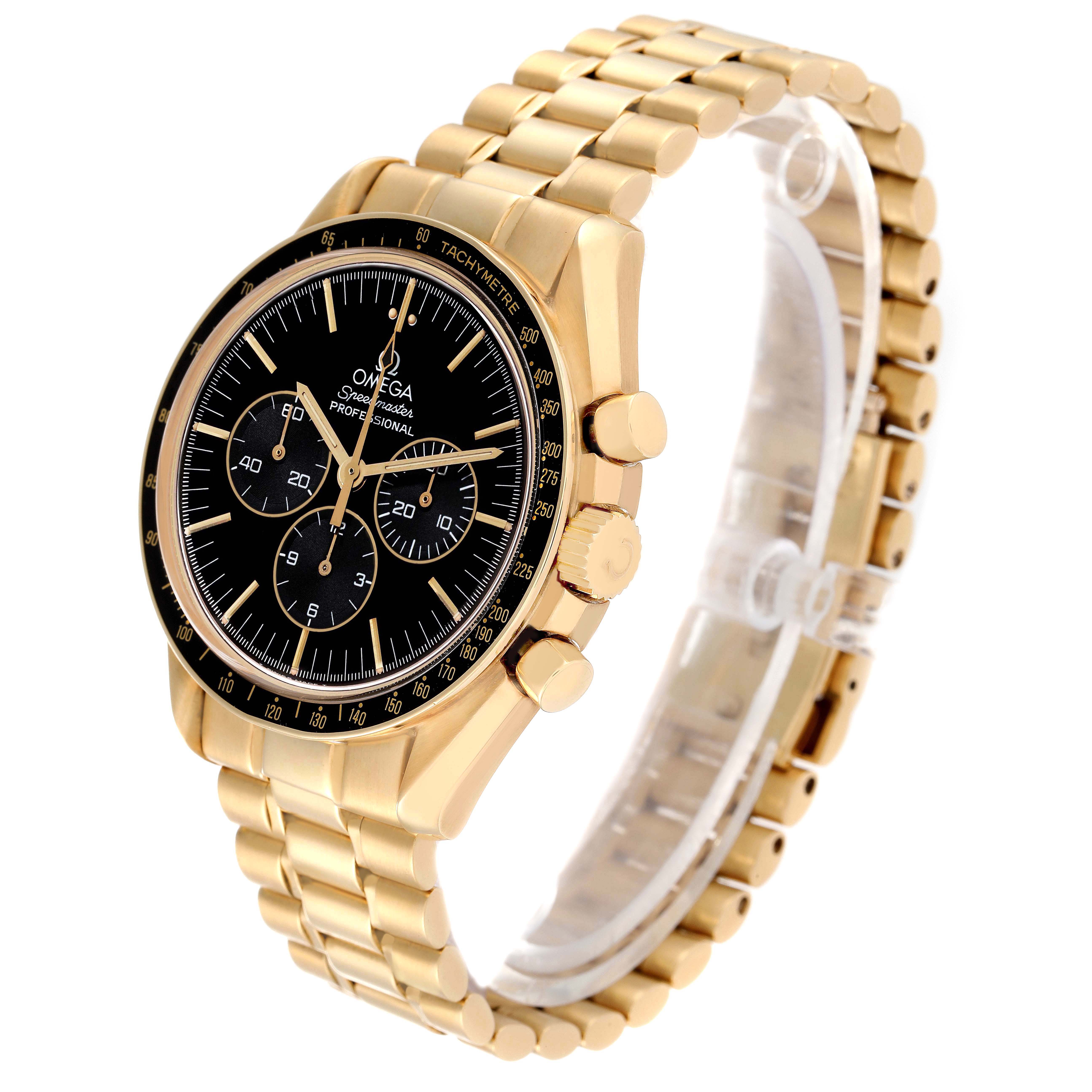 The Omega Speedmaster 3191.50 Men's Yellow Gold Black Dial watch is shown at a three-quarter angle, displaying the face, bezel, crown, and gold bracelet.