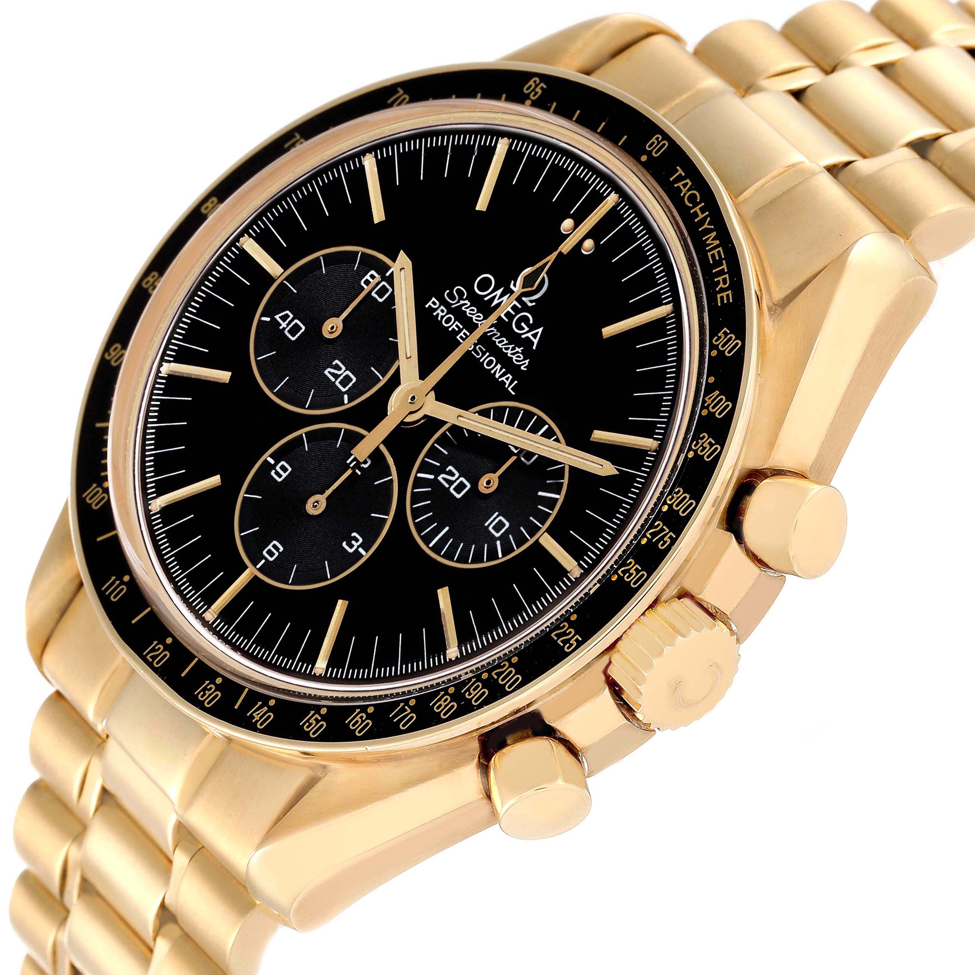 The Omega Speedmaster 3191.50 Men's Yellow Gold Black Dial watch is shown from a slight angled side view, highlighting the bezel, dial, and chronograph pushers.
