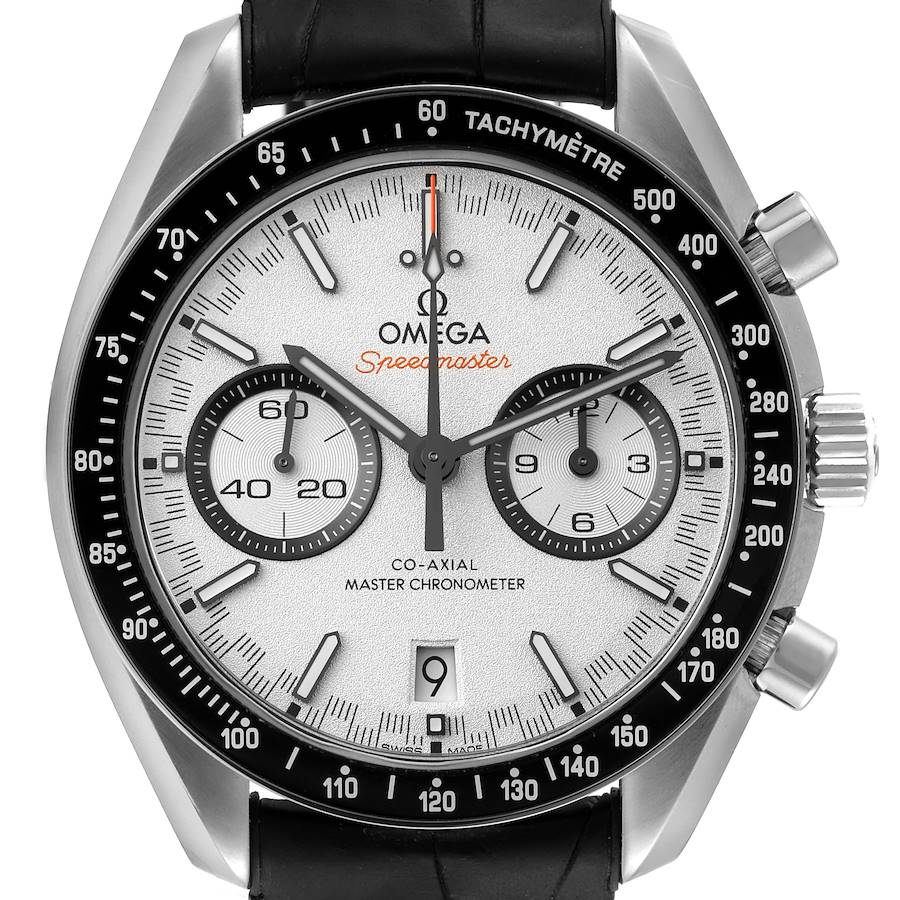 The Omega Speedmaster model 329.33.44.51.04.001 is shown from the front, highlighting the dial, tachymeter bezel, sub-dials, and crown.