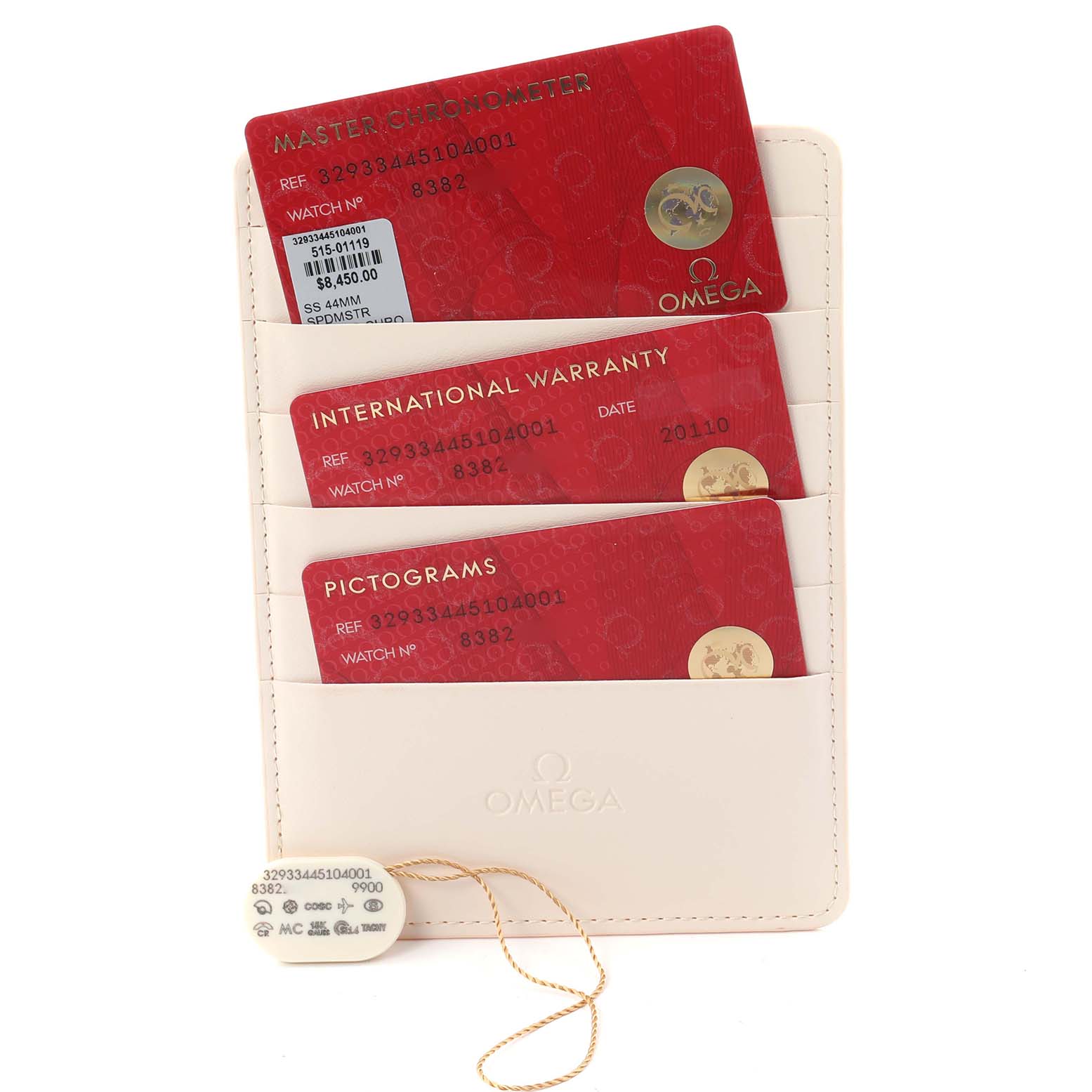 The image shows Omega Speedmaster 329.33.44.51.04.001 Men
s Stainless Steel Silver Dial warranty and certification cards in a branded holder, viewed from the front.