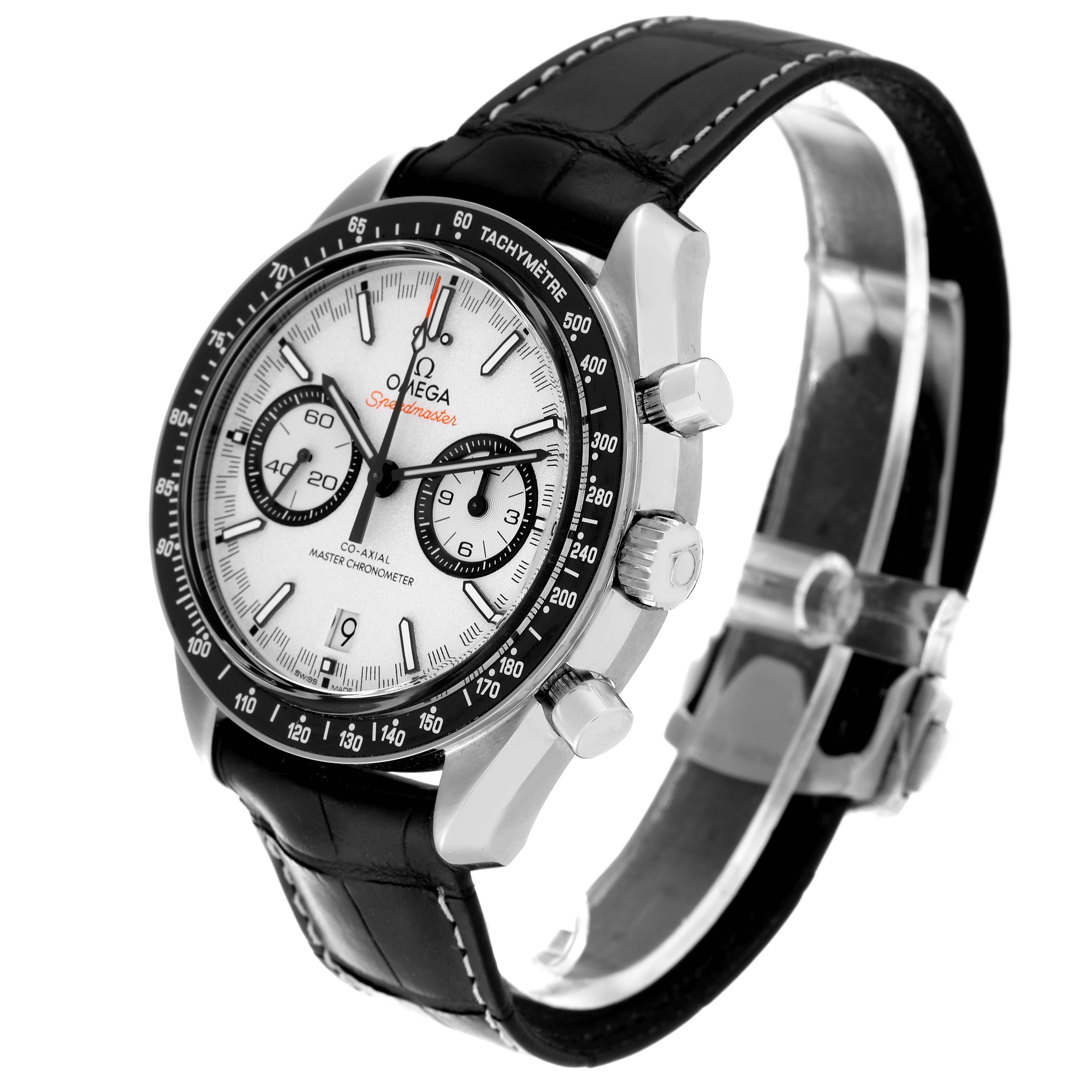 The Omega Speedmaster 329.33.44.51.04.001 Men
s Stainless Steel Silver Dial watch is shown at a three-quarter angle highlighting the face, bezel, pushers, and leather strap.