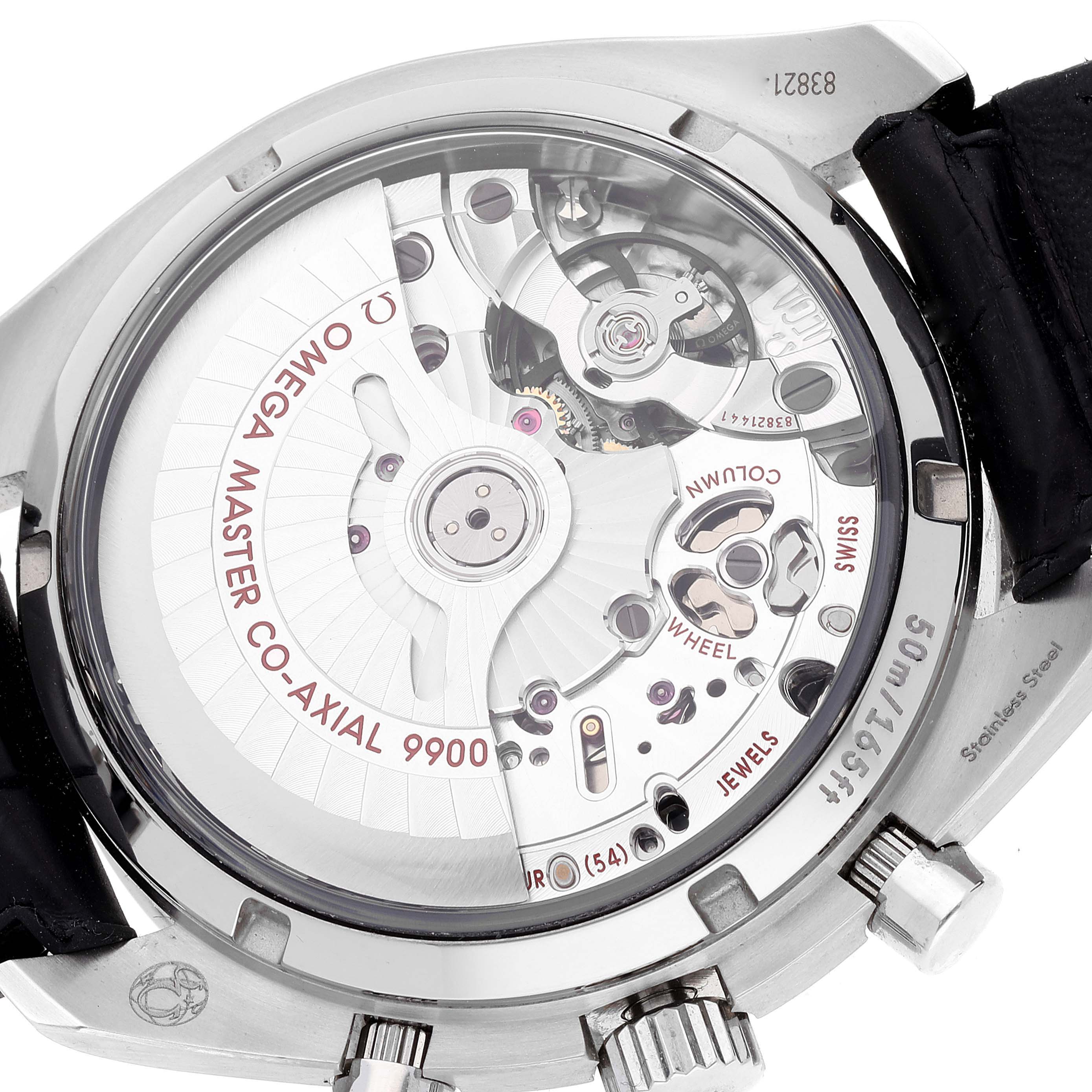 The image shows the back view of an Omega Speedmaster 329.33.44.51.04.001 Men
s Stainless Steel Silver Dial watch, highlighting its Co-Axial movement and internal components.