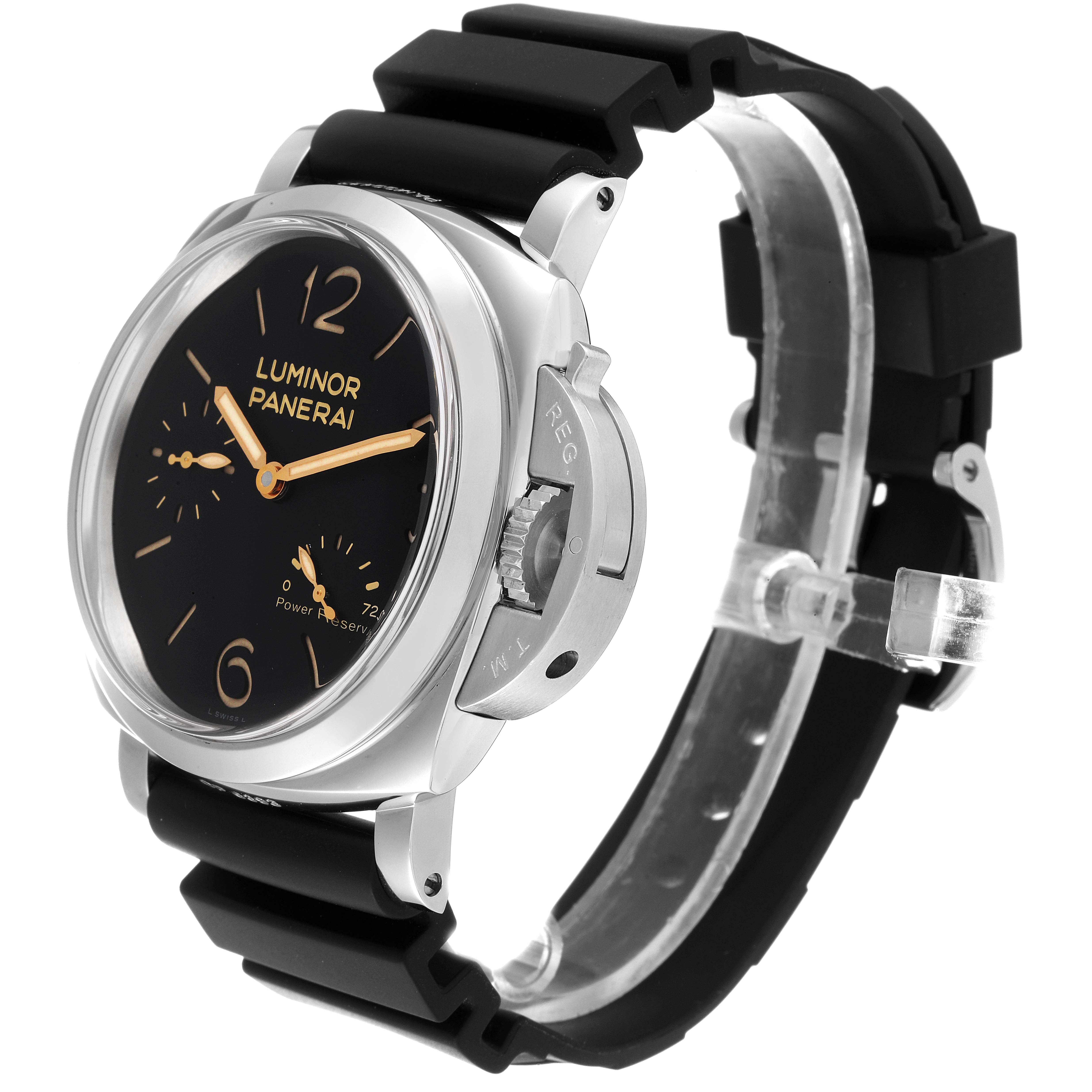 The Panerai Luminor PAM00423 Men's Stainless Steel Black Dial PAM00423 Men's Stainless Steel Black Dial watch is shown at a slightly angled side view, highlighting the dial, crown guard, and strap.