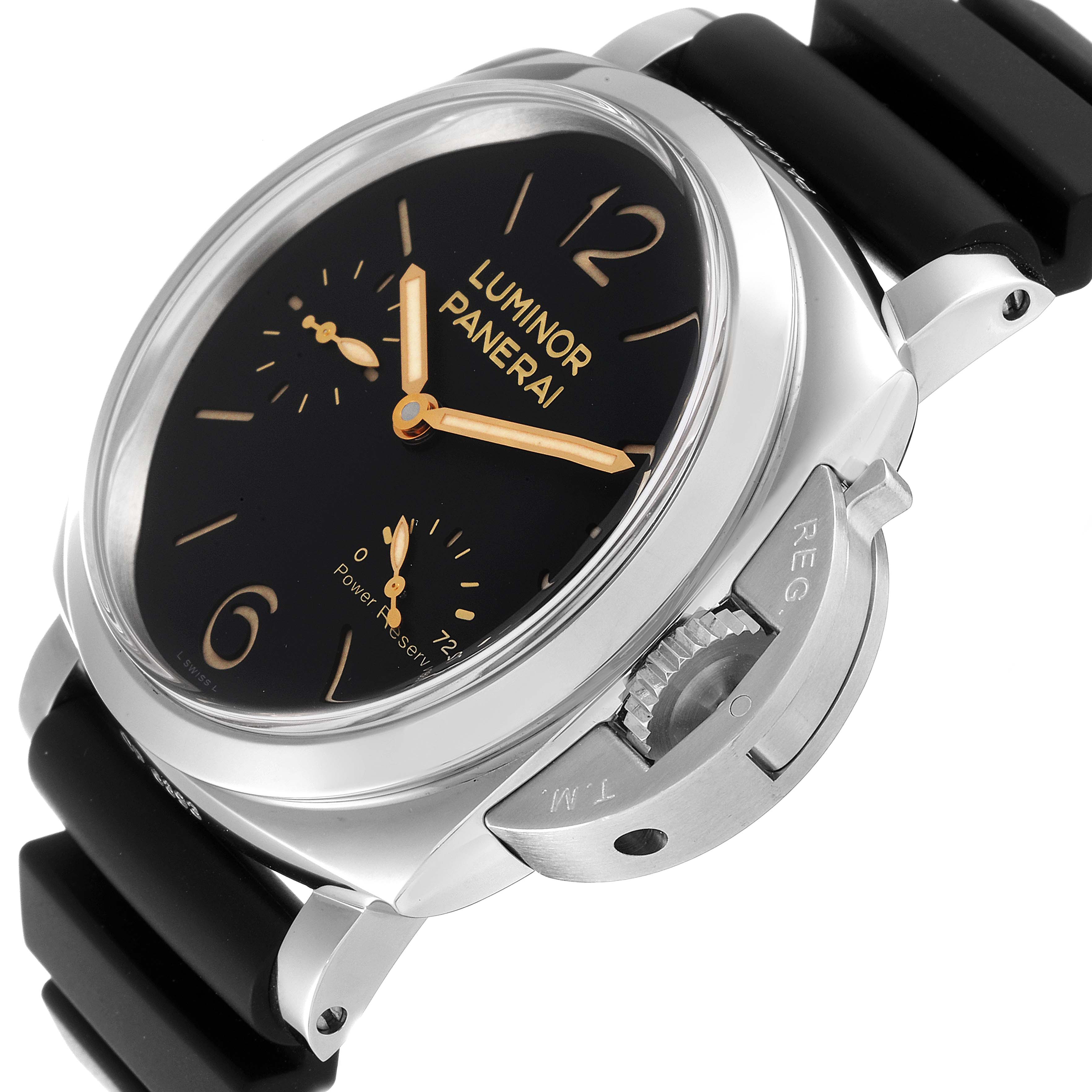 This image shows a Panerai Luminor PAM00423 Men's Stainless Steel Black Dial PAM00423 Men's Stainless Steel Black Dial watch at a three-quarter angle, highlighting the dial, crown guard, and part of the strap.