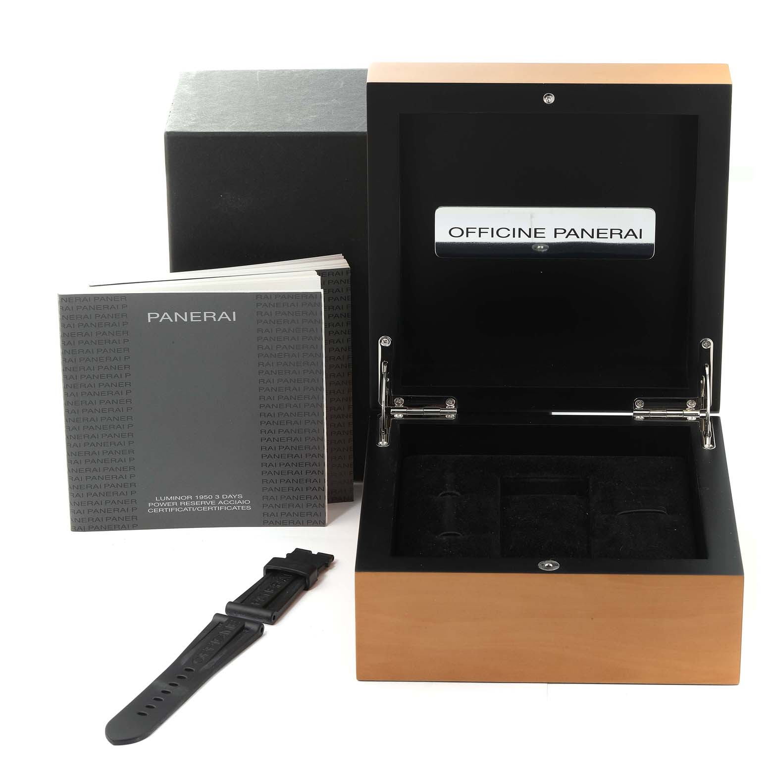 The image shows a Panerai Luminor PAM00423 Men's Stainless Steel Black Dial PAM00423 Men's Stainless Steel Black Dial watch box, an additional strap, and accompanying booklets from a front angle.