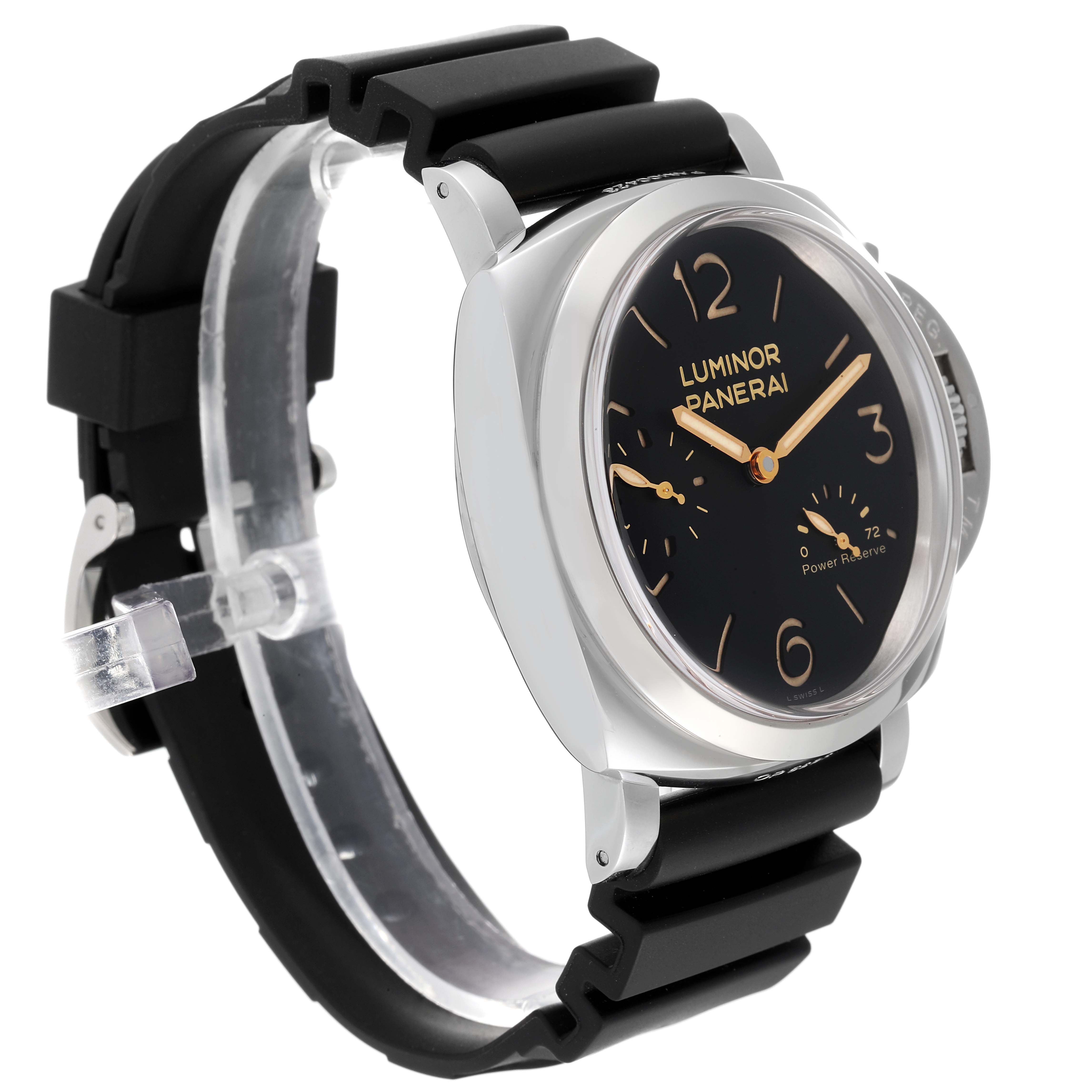 The Panerai Luminor PAM00423 Men's Stainless Steel Black Dial PAM00423 Men's Stainless Steel Black Dial watch is shown at a three-quarter angle, displaying the face, crown, lugs, and portion of the strap.