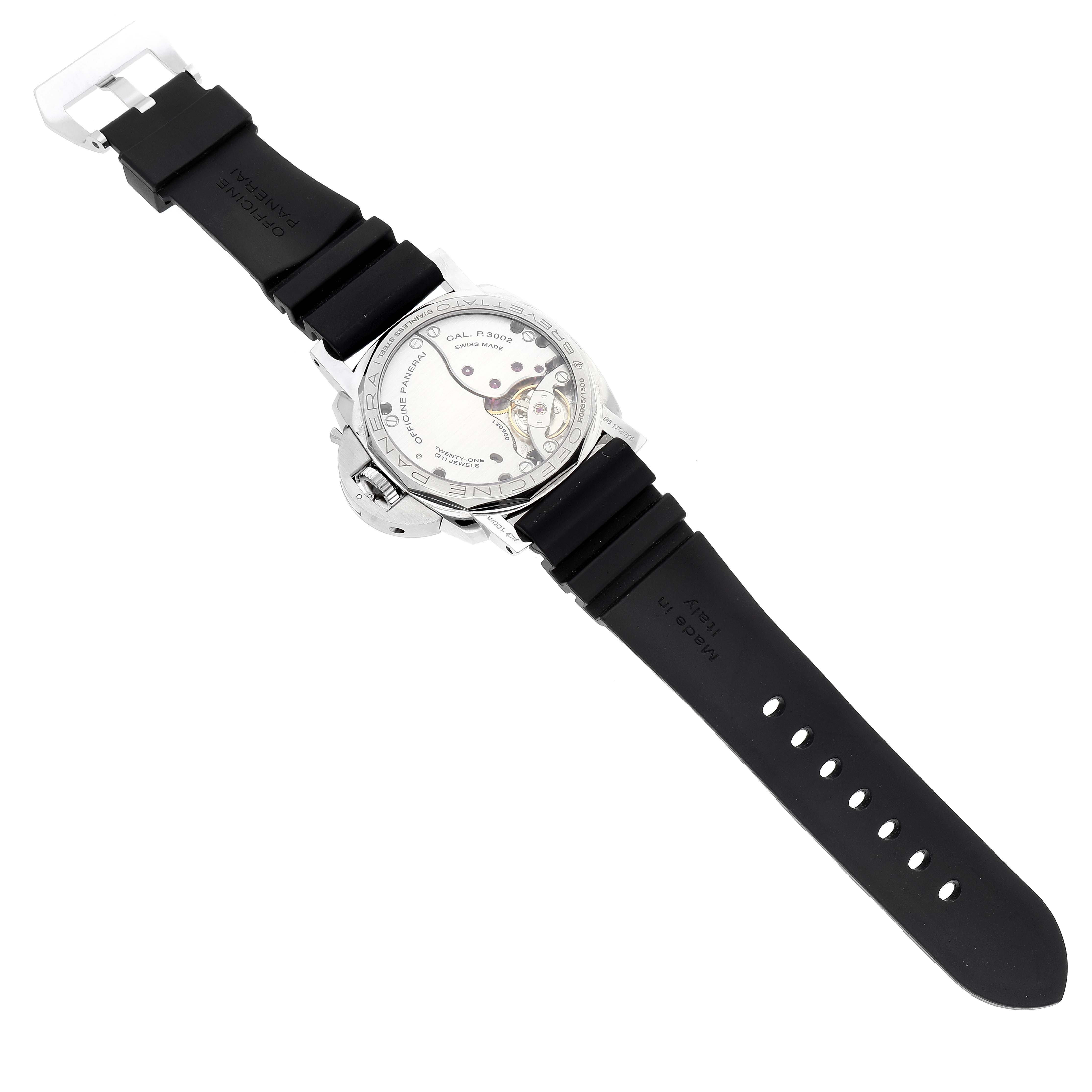 The image shows the back view of a Panerai Luminor PAM00423 Men's Stainless Steel Black Dial PAM00423 Men's Stainless Steel Black Dial watch, highlighting its movement and black rubber strap.