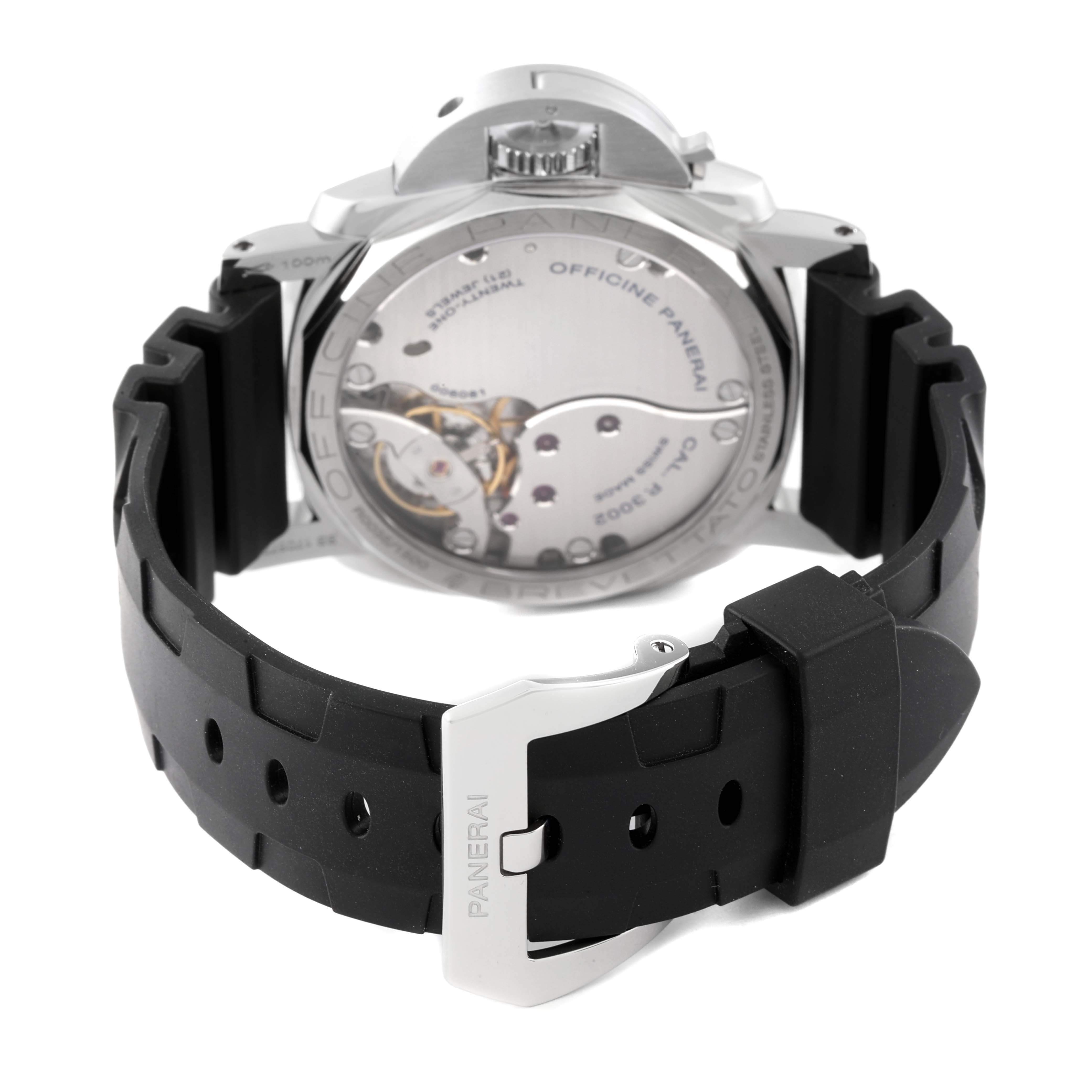 The image shows the back view of a Panerai Luminor PAM00423 Men's Stainless Steel Black Dial PAM00423 Men's Stainless Steel Black Dial watch, focusing on its movement and black rubber strap.