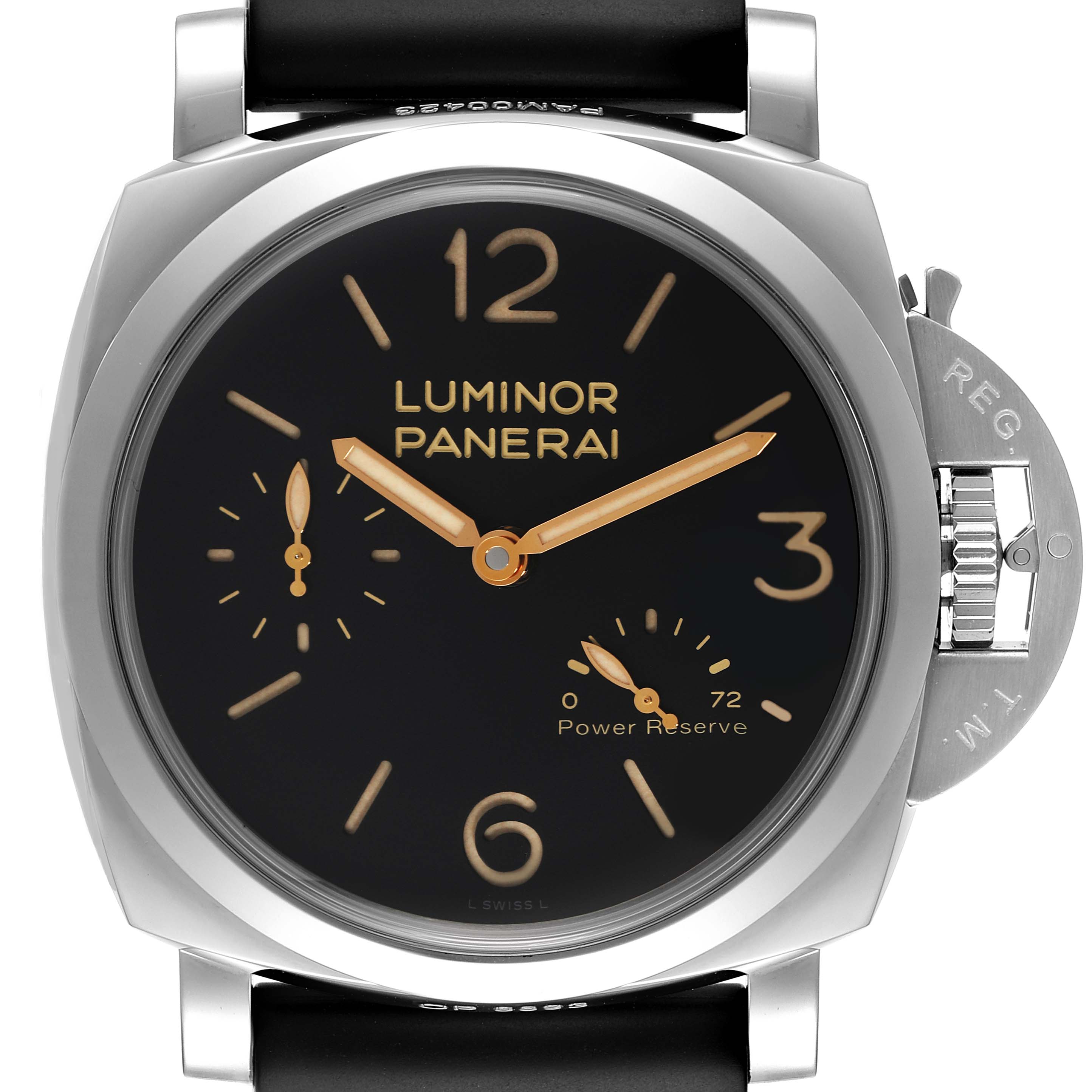 The image shows a front view of the Panerai Luminor PAM00423 Men's Stainless Steel Black Dial PAM00423 Men's Stainless Steel Black Dial watch, highlighting its dial, crown guard, and leather strap.